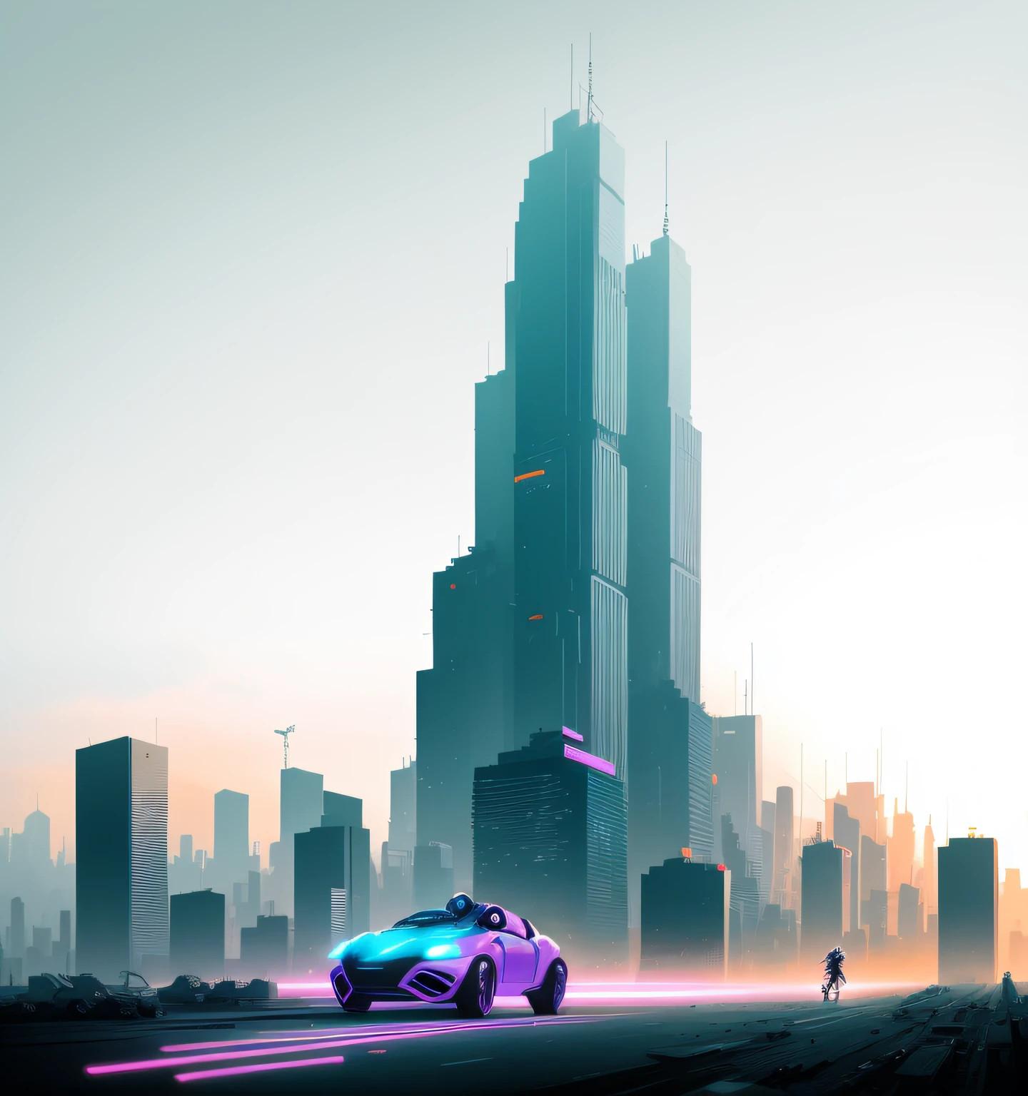 "robot saltando, estilo futurista, in an urban environment full of neon lights and towering skyscrapers."