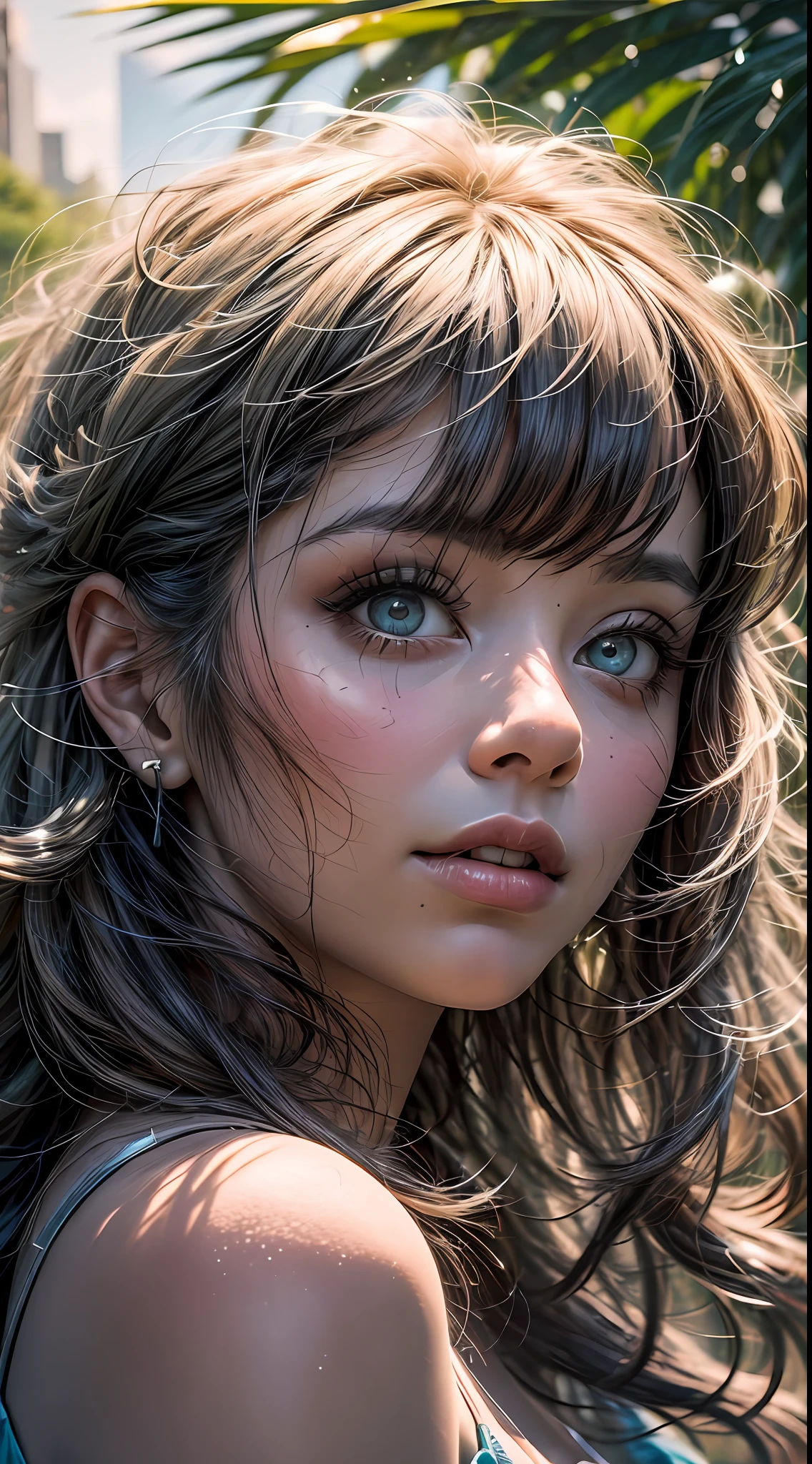 Um close-up do rosto de uma garota de 18 anos, AFRO americana, cabelo curto, banhado em tons quentes de laranja, as if illuminated by the soft glow of a sunset, seus olhos brilhando de alegria e contentamento, framed by flowing strands of hair, Fotografia, fotografada com uma lente de 35mm