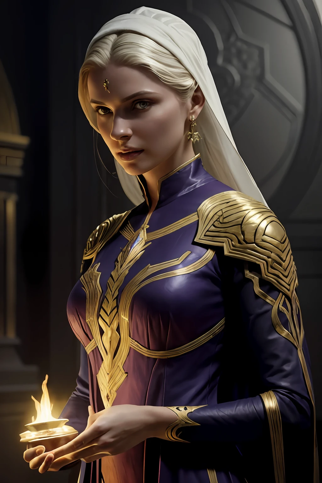 (8k, melhor qualidade, obra-prima:1.2), (realista, foto-realista:1.37), ultra-detalhado, cinemactic, mundo de fantasia, Beautiful woman holding a fireball in the palm of her hand, longo cabelo preto liso, maquiagem escura, vestido com um manto preto, Chandra Nalaar (pale skinned: 1.2), arte conceitual de Greg Rutkowski, studio dark, rim lighting, mal iluminado, discreto,