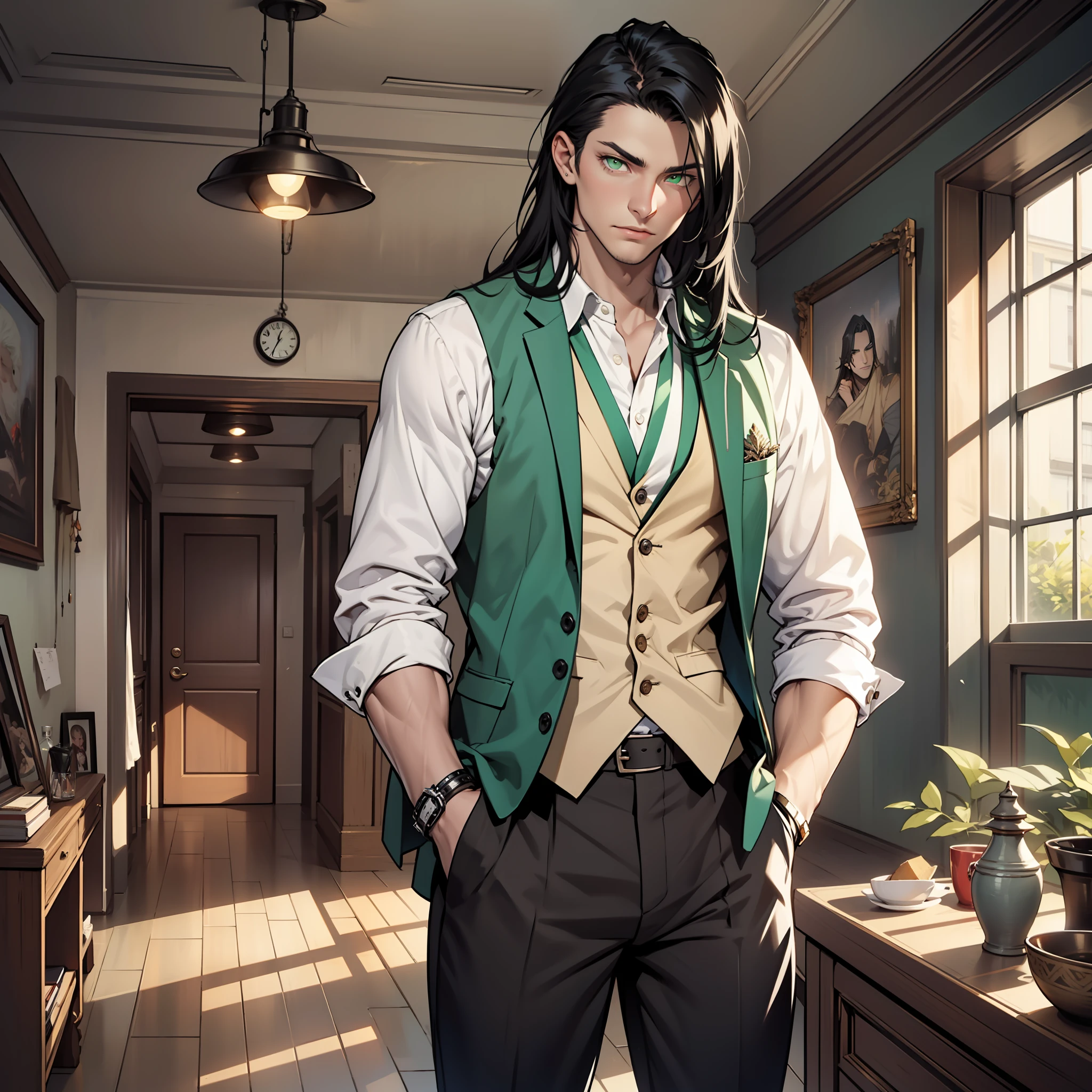 William is a man of subtle beauty. He tends to dress more casually than my other brothers, favoring loose-fitting vests and trousers. His face is framed by long black hair, and his pale green eyes seem to pierce your soul. He's more reserved than the rest of us, preferring to scheme and manipulate events in his favor.