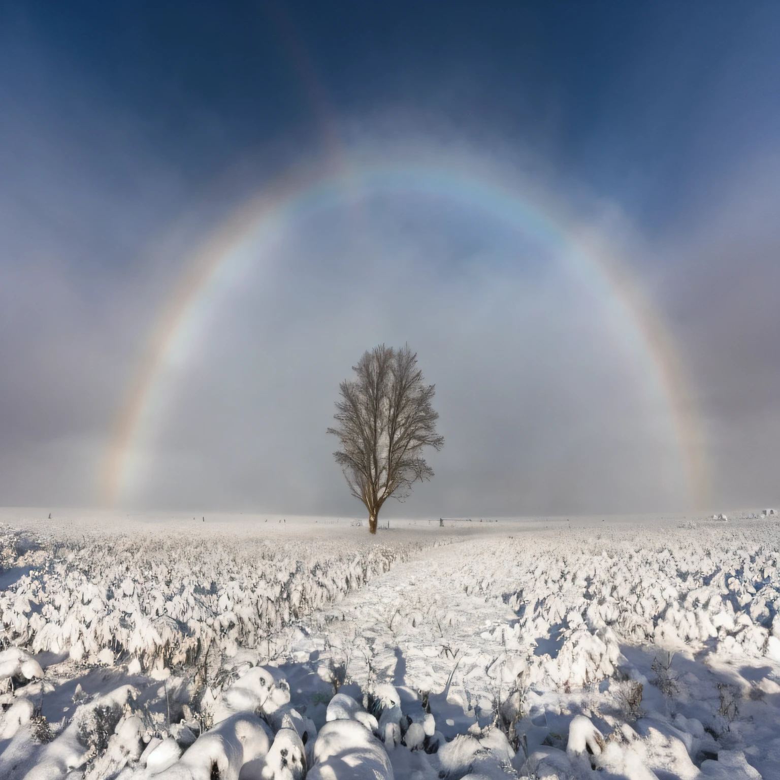 arafed tree in a snow covered field with a rainbow in the sky, brocken spectre, prismatic halo, moonbow, weather photography, white light halo, just one rainbow 8 k, ornamental halo, angelic halo, a glowing halo, in the middle of a snow storm, rainbow, glowing halo, snowy plains, ethereal rainbows, mystical setting --auto