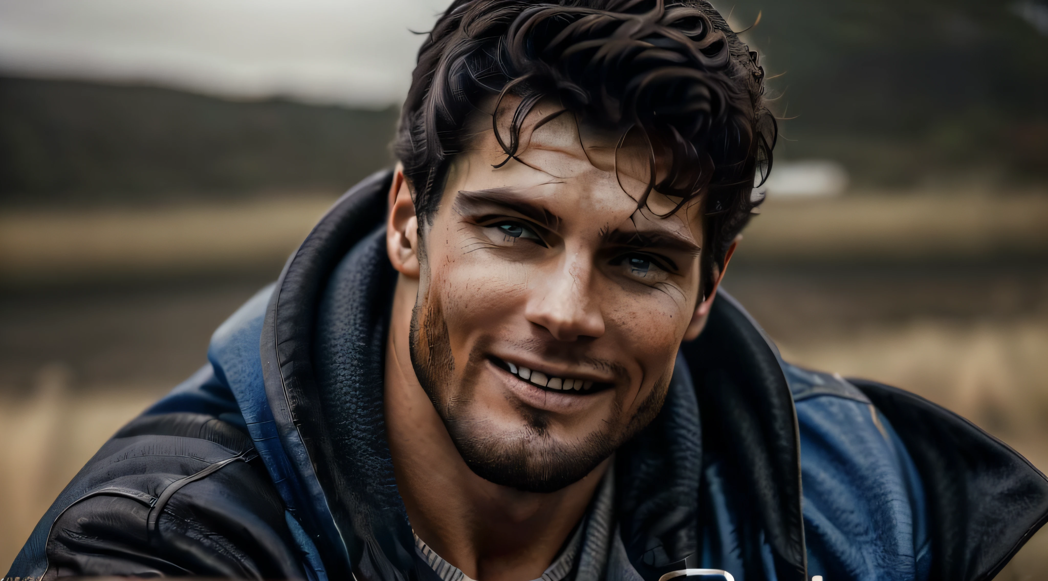 Can´t believe it´s not a photograph, Ultra realistic handsome man looking into camera smiling dark brown hair blue eyes stubble black leather jacket portrait highly detailed  sharp focus ultra clarity 32k resolution natural looking life like photo realistic, hyper detailed, hyper realistic, best quality