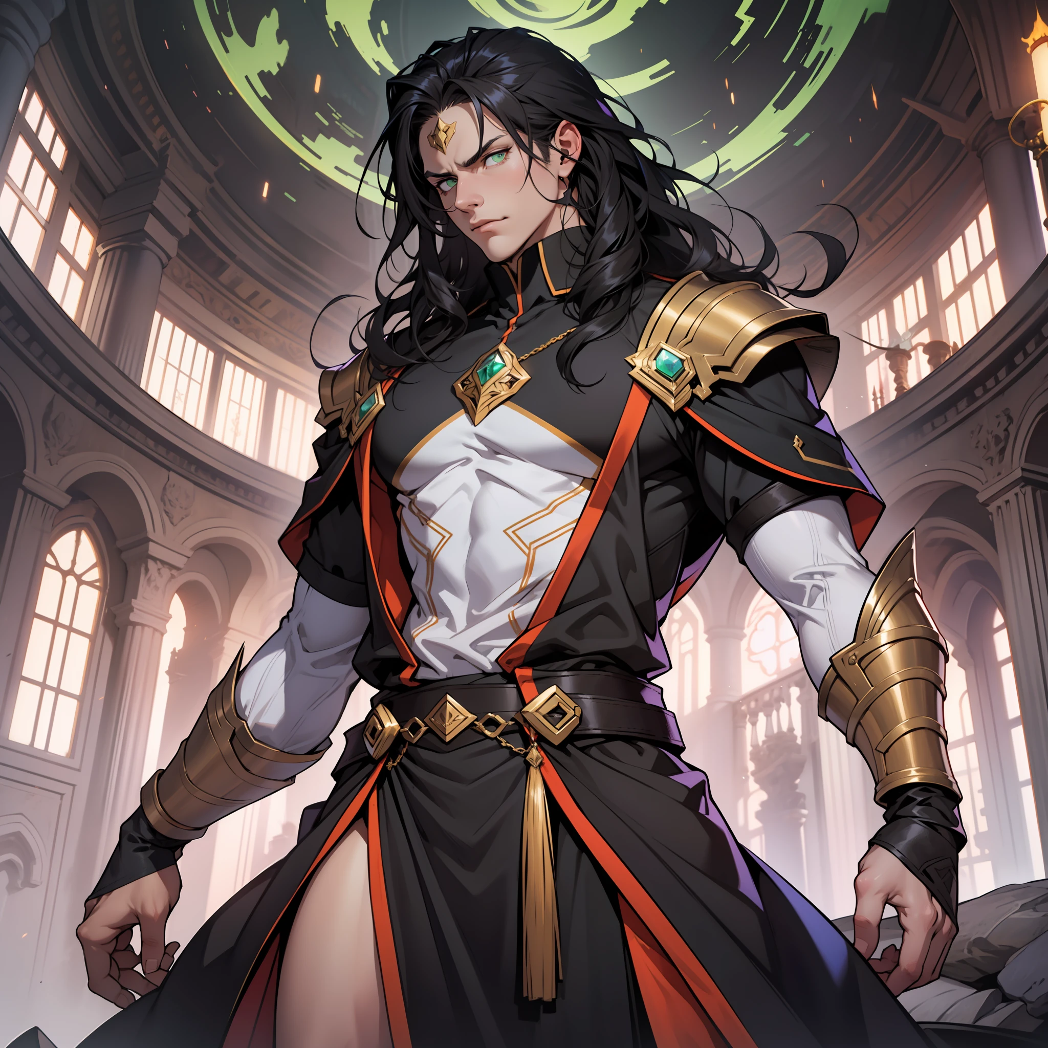 William cuts an impressive figure, towering over most people despite his apparent youth. His wavy black hair falls nearly to his shoulders, framing an olive-skinned face adorned with bright emerald eyes. A flowing robe of the darkest black drapes over his body, creating a sweeping effect as he moves. However, the most striking feature of William's appearance is the faint aura of envy that surrounds him, seeping out of his very essence.