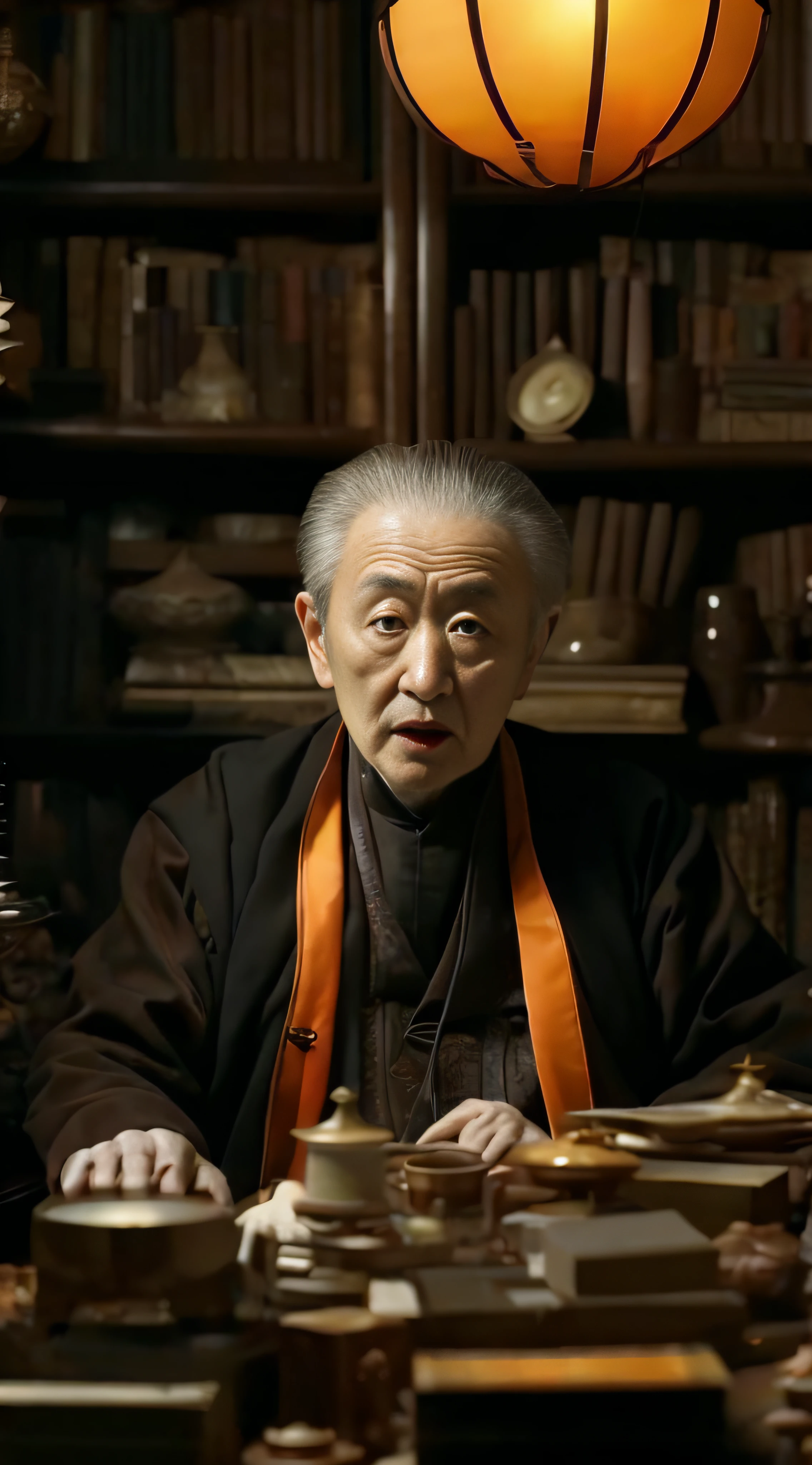 The Arafards sat at the table,There is a lamp overhead, amano yoshitaka, ryohji hase, Taoist, ishirō honda, tatsuyuki tanaka hd, masakazu katsura, yoshiyuki sadamoto, zhang daqian, Taoist master, inspired by Wu Daozi, Leiji Matsumoto