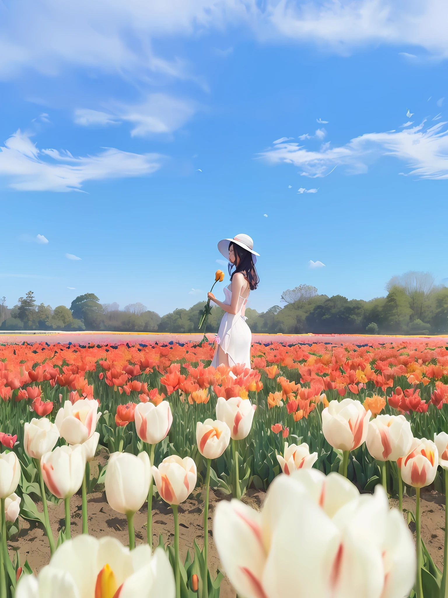 there is a pretty chinese woman standing in a field of tulips wearing a sun hat and white halter dress revealing back, wearing heeled sandals, slim and tall, holding a single tulip, looking at camera sideways, standing in flower field, woman standing in flower field, in a field of flowers, standing in a field with flowers