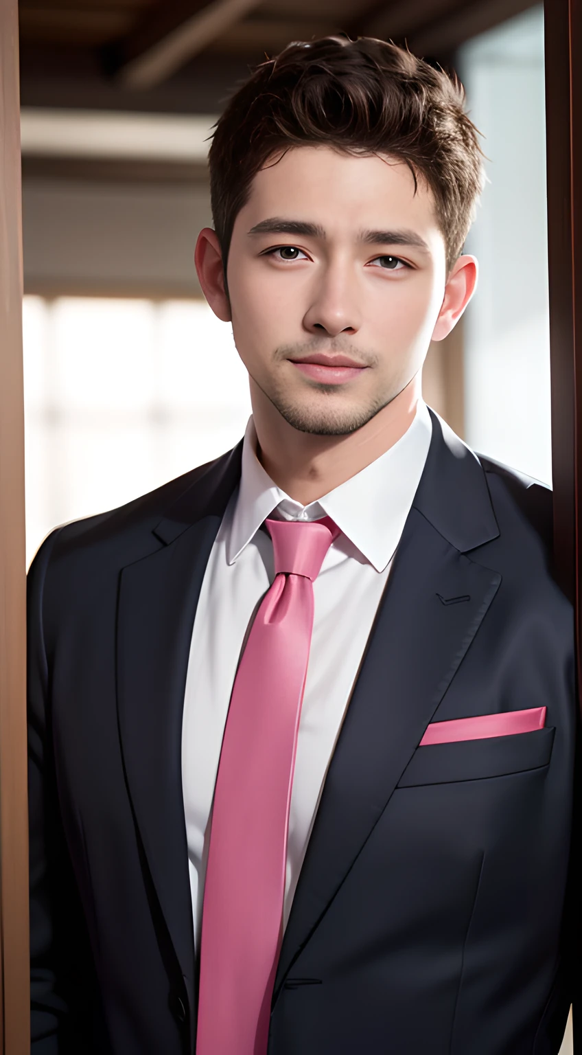 ((Men only)), (head shot), (Tanned handsome muscular man in his 20s in pink necktie), (pink short hair), (Chris Redfield), Mischievous smile, (detaile: 1 in 1), Natural muscles, HIG quality, beautidful eyes, (Detailed face and eyes), (Face、: 1 / 2), Noise, Real Photographics、... ............................................................................PSD, Sharp Focus, High resolution 8K, realisitic & Professional Photography, 8K UHD, Soft lighting, High quality, Film grain, FujifilmXT3