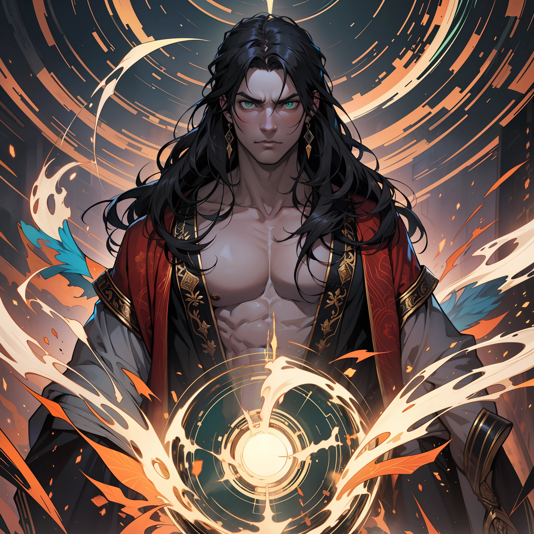William cuts an impressive figure, towering over most people despite his apparent youth. His wavy black hair falls nearly to his shoulders, framing an olive-skinned face adorned with bright emerald eyes. A flowing robe of the darkest black drapes over his body, creating a sweeping effect as he moves. However, the most striking feature of William's appearance is the faint aura of envy that surrounds him, seeping out of his very essence.