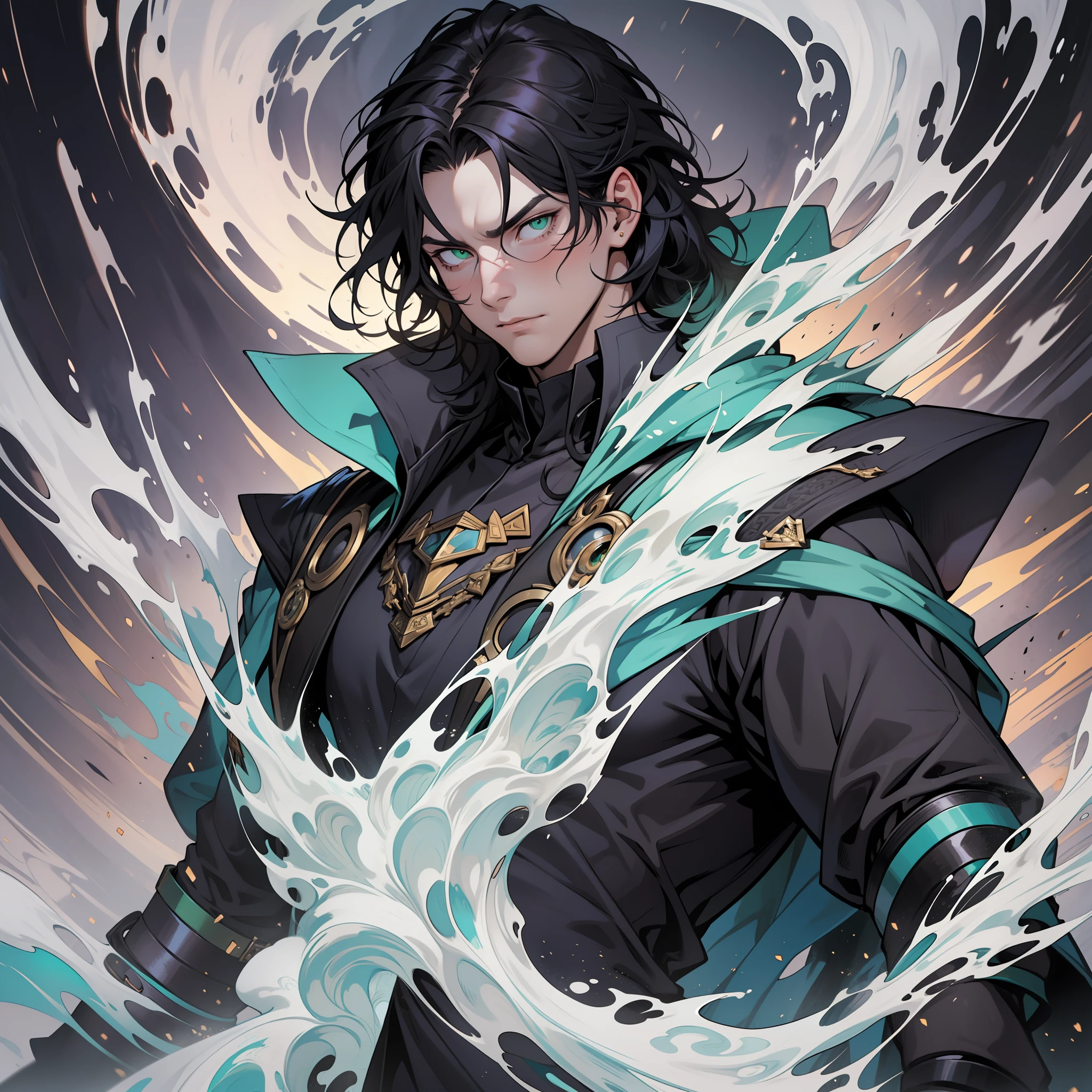 William cuts an impressive figure, towering over most people despite his apparent youth. His wavy black hair falls nearly to his shoulders, framing an olive-skinned face adorned with bright emerald eyes. A flowing robe of the darkest black drapes over his body, creating a sweeping effect as he moves. However, the most striking feature of William's appearance is the faint aura of envy that surrounds him, seeping out of his very essence.
