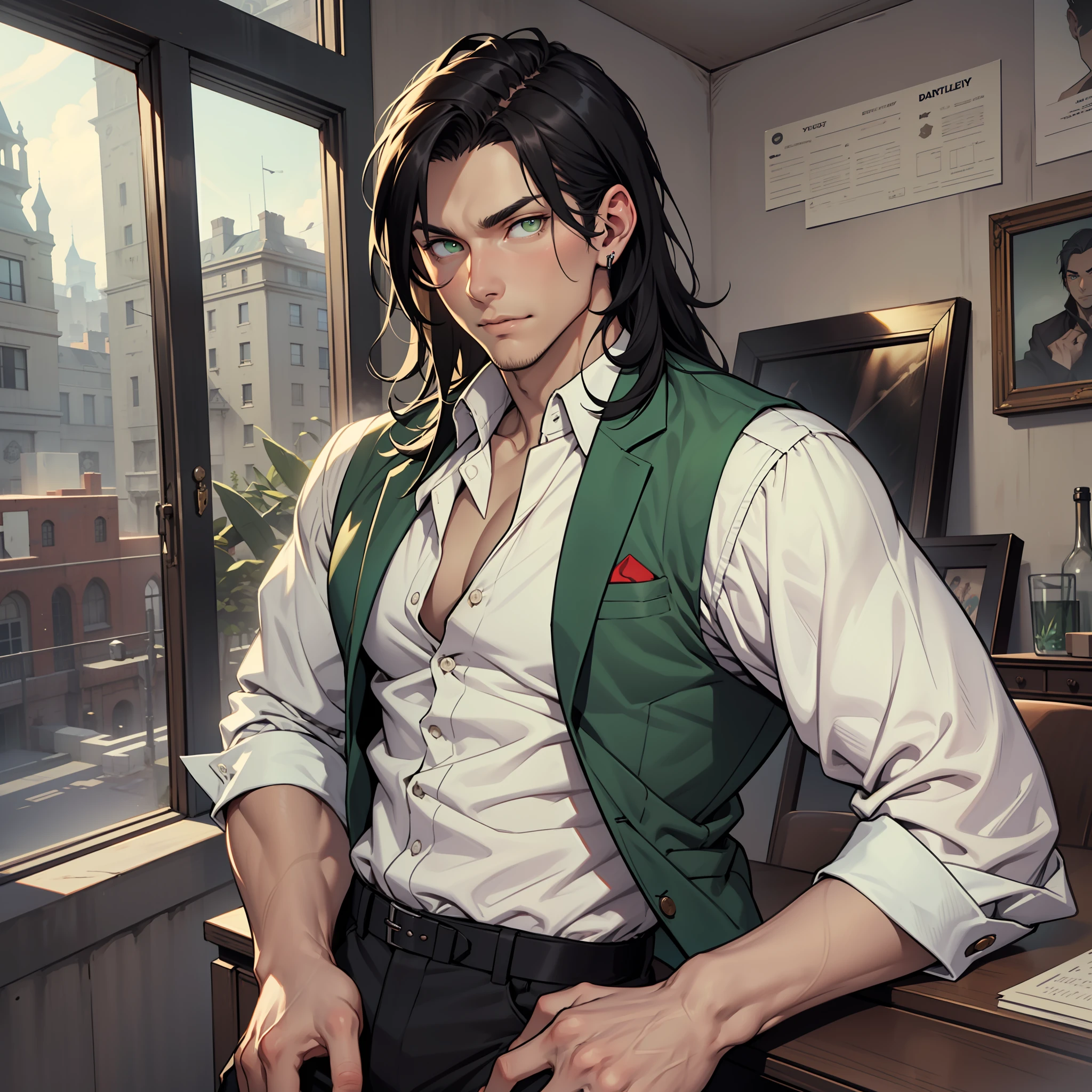 William is a man of subtle beauty. He tends to dress more casually than my other brothers, favoring loose-fitting vests and trousers. His face is framed by long black hair, and his pale green eyes seem to pierce your soul. He's more reserved than the rest of us, preferring to scheme and manipulate events in his favor. Handsome, bara male