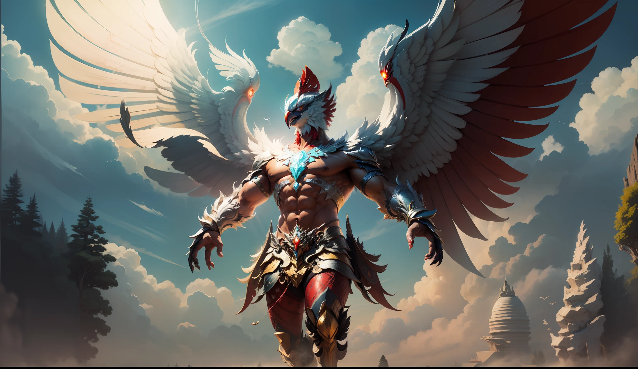 Red-bodyed Garuda is flying., flying in sky, In the sky. blue sky
