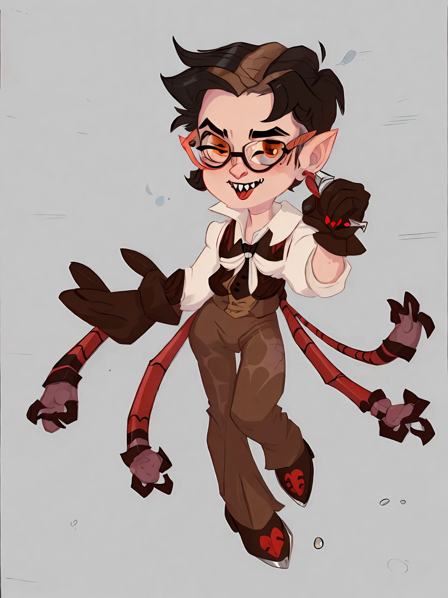 Cartoon drawing of a man wearing glasses and a tie, Spidergirl, spider eyes, many eyes, Serkretarsha, archivist, loves coffee, Victorian-style office, short haircut black hair, eyeglasses, black nails, sharp teeth, little chest