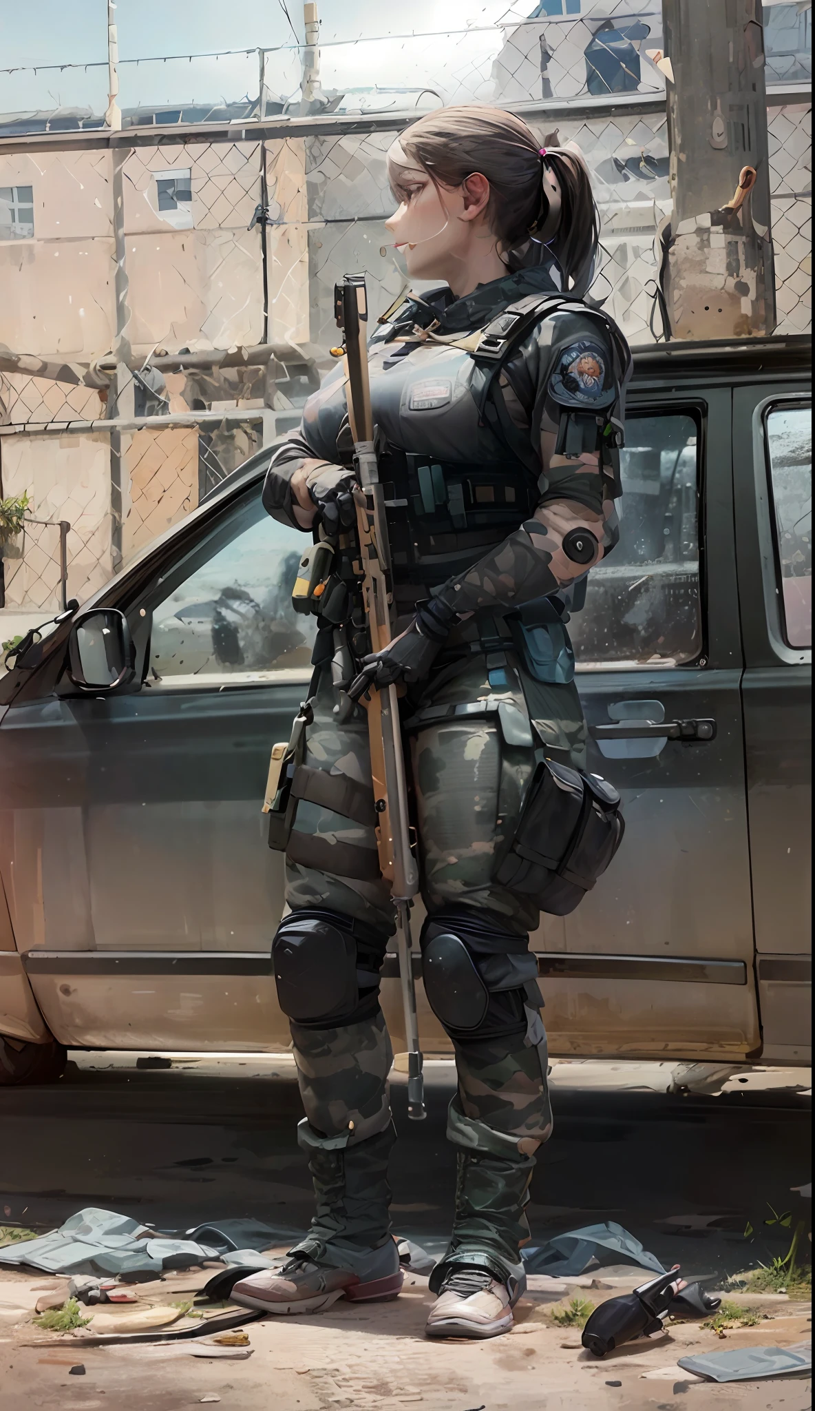 Araffe em camuflagem ao lado de um carro com um rifle, french special ops, special forces security, infantaria policial mecanizada, dressed in tactical armor, Airsoft CQB, cyberpunk militar imperial, usando roupas e armaduras, intimidante armadura de corpo inteiro, military police, vestido com armadura corporal preta, armadura de corpo inteiro, Uniforme blindado preto, tactical armor, fortemente armado