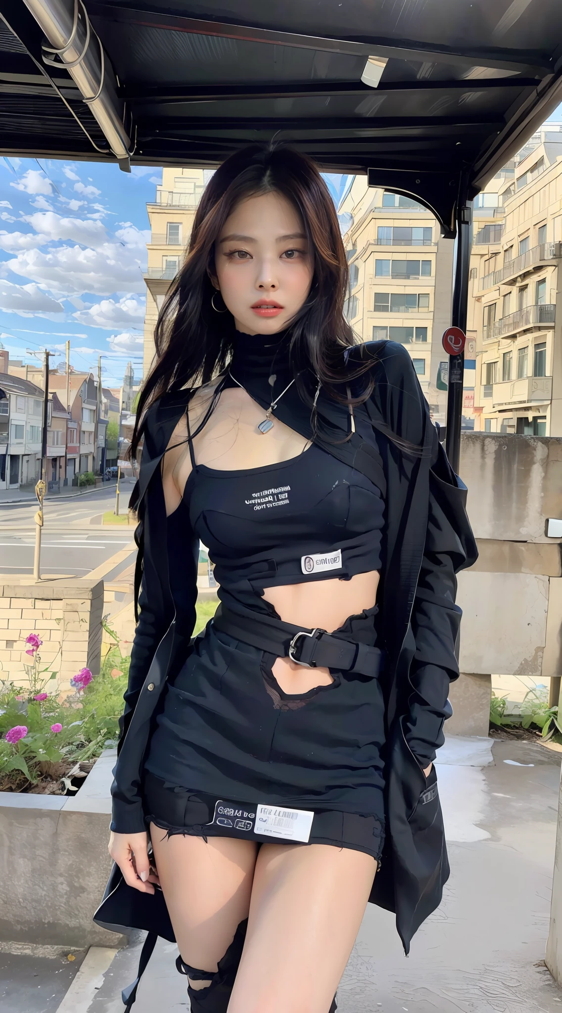 (1girl in:1.3), high angle full body shot,Solo, __body-parts__, Kim Ji-ni Jennie face, Kim Ji-ni Jennie face, Kim Ji-ni Jennie face, thighs thighs thighs thighs、decolletage、abdominals、a navel、Knitted Black Ash Disassembled Top, lanyard, Heroic characters, Ruins, Gray-Black Tone, 8k Resolution images, Intricate Symmetry Details. The whole picture is invincible and heroic, mainly a complete picture of a woman standing all over her body, with smooth movements and a confident expression.