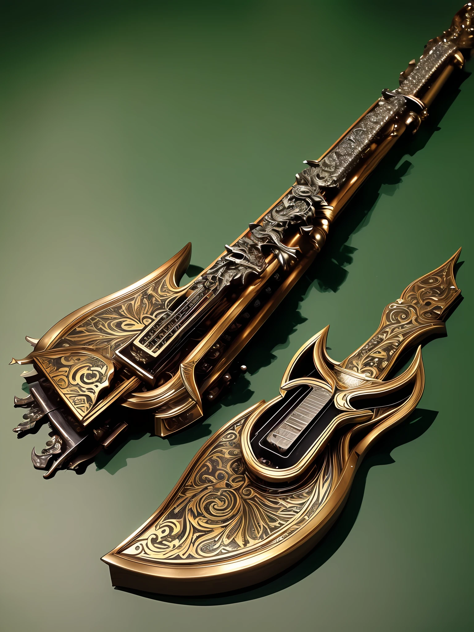 um close up de uma guitarra com formato de espada, espadas de metal, guitarras malvadas, arma de fantasia, arte em metal, espada bonita, Metal dragon tail, Futuristic electric guitar, guitarra steampunk, espada de fantasia, Espada Orkish, Espada de fantasia de guerreiro, Immaculate and epic scale, Armor angle with wing, armored sword blade