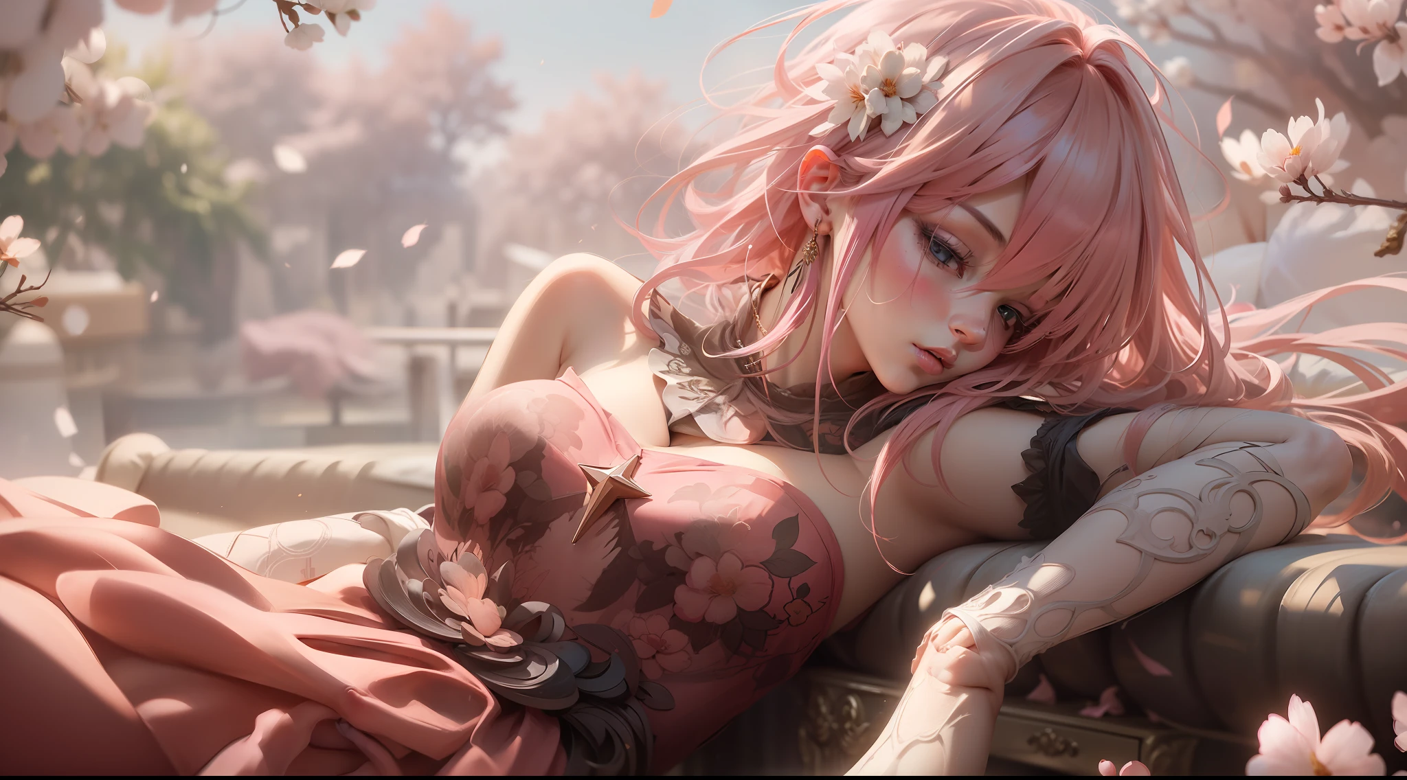 nakeness，A pink-haired，Kneeling，Kizi，Playful，Nude，No clothes on，No pants on