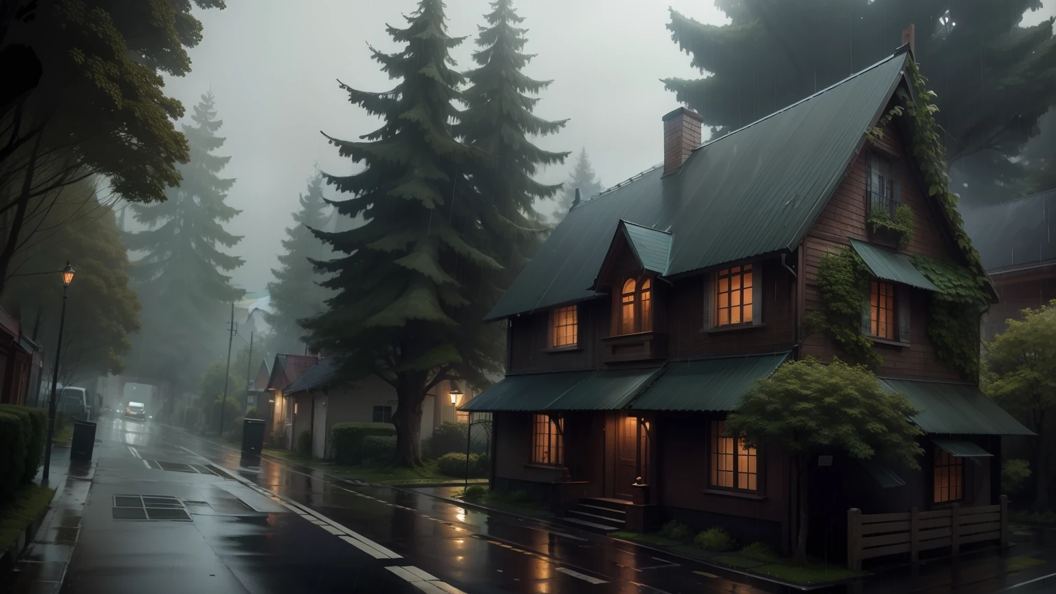 rainy day (no cars or people on street) just a house hidden on trees