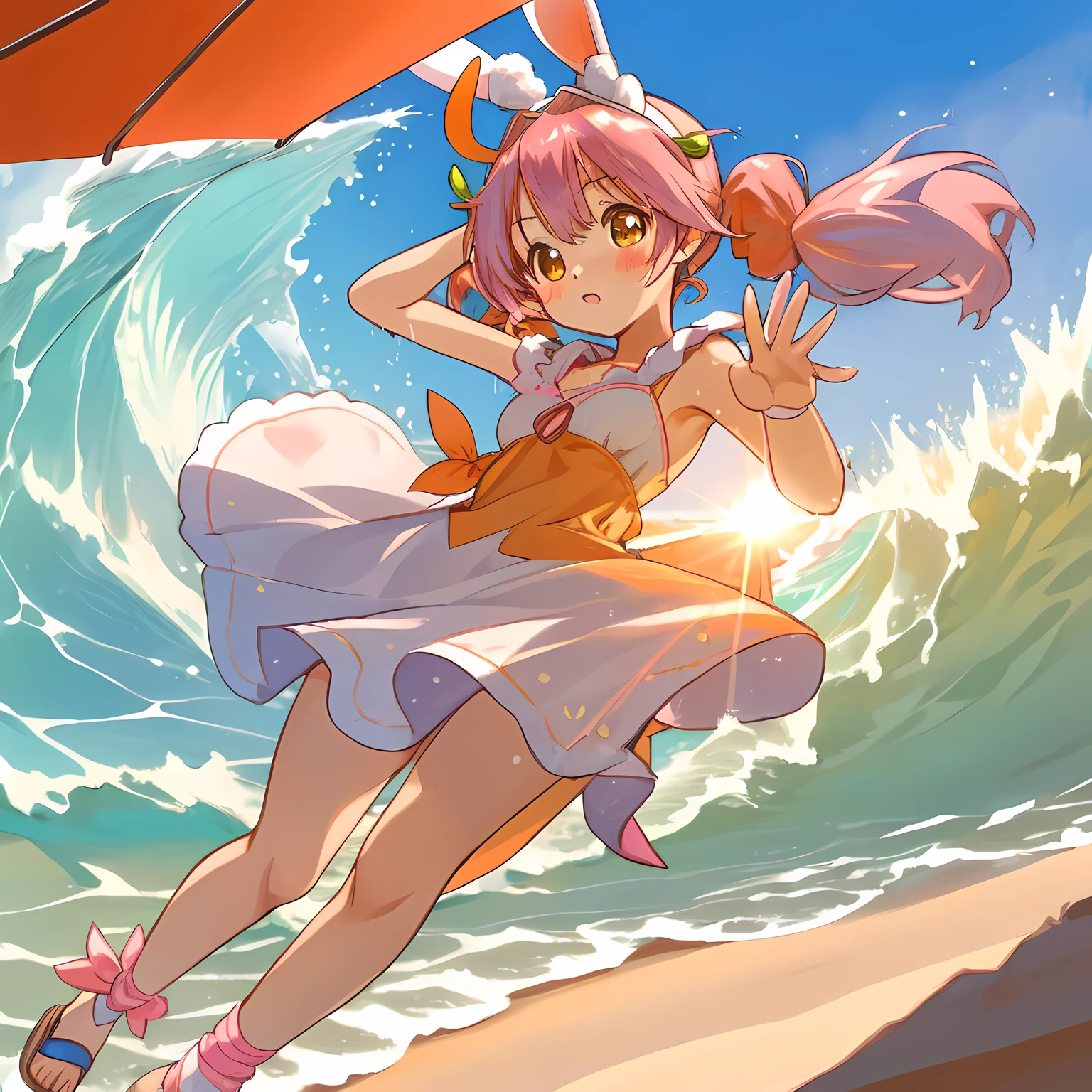 (Highly detailed CG Unity 8k wallpaper), (Best Quality), (Super Detail), (Best Illustration), (Best Shadow), POV, Realistic lighting and shading, Natural light, Lens flare effect,
BREAK, 1 beautiful girl, Solo,(Cute:1.5),(Chibi:0.8), (kawaii:1.5),(Lori:0.5),
((girl, Cute, Graceful, Loli face)) ,(medium breasts),(Orange Eyes:1.2),(A pink-haired,short twintails,tareme:1.2), gleaming skin,Stuffed rabbit,
BREAK,(Rabbit ear headband:1.5),(Wet Casual Beachwear:1.2), (Lightweight Summer Dresses,Illustrated carrots:1.2), (a straw fedora hat:1.0), (flipflops:1.0), (Earrings in the shape of a moon:1.1), (Lace headband:1.0), (Cute Accessories:1.3), (Serious face:1.1), (Kamehame Wave Pose, Both legs are spread:1.3), (Beach background:1.3), (The goal is👿:1.1),
BREAK,🌇,