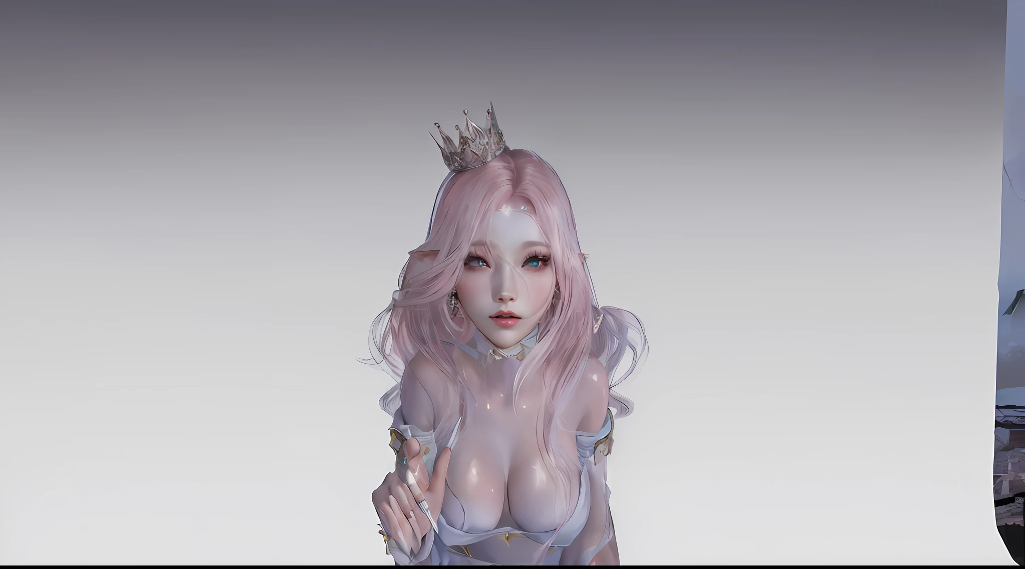 there is a woman with pink hair and a crown on her head, a beautiful fantasy empress, (((mad))) elf princess, ((a beautiful fantasy empress)), royal elegant pose, wlop glossy skin, pale snow white skin, princess portrait, elf princess, artificial intelligence princess, render of april, guweiz, elf queen, an elf queen