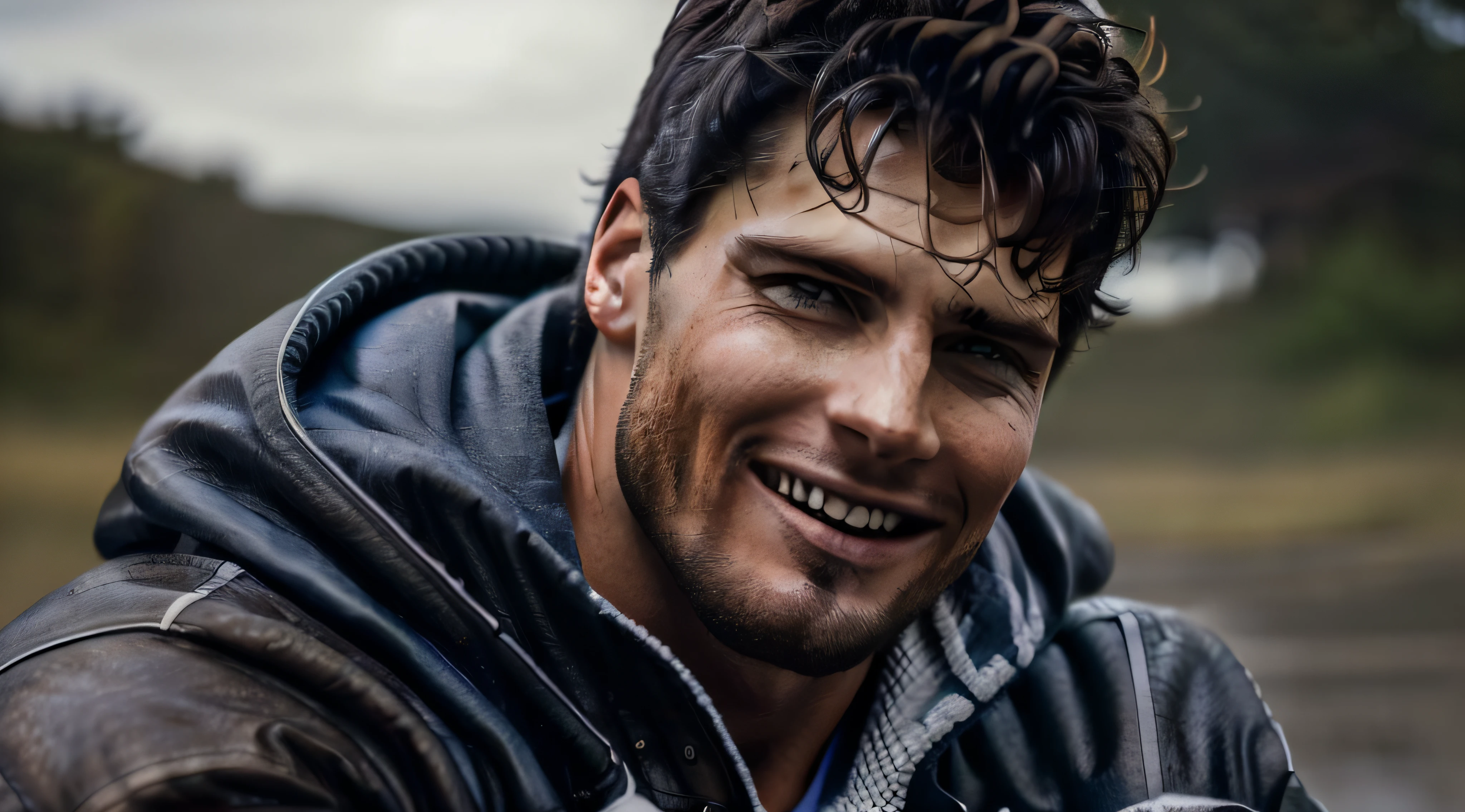 Can´t believe it´s not a photograph, Ultra realistic handsome man looking into camera smiling dark brown hair blue eyes stubble black leather jacket portrait highly detailed  sharp focus ultra clarity 32k resolution natural looking life like photo realistic, hyper detailed, hyper realistic, best quality