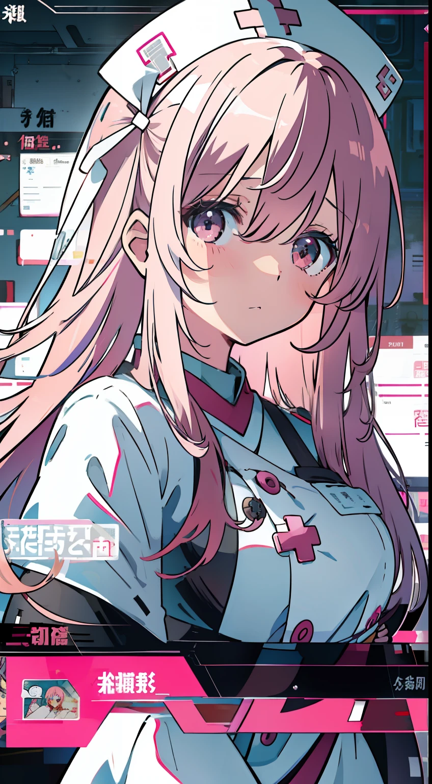 One girl、Pink hair、brown-eyed、nurse's outfit、Manteau blanc、recovery、Recovery Officer、battle field、uneasy、