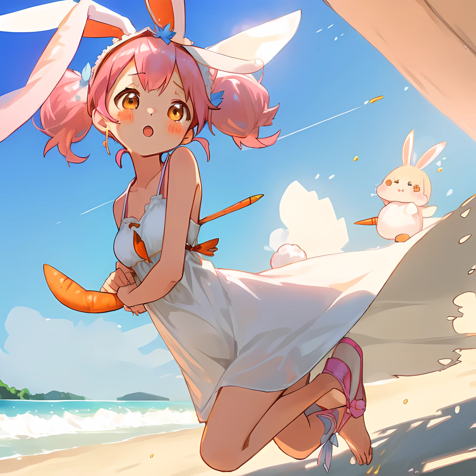 (Highly detailed CG Unity 8k wallpaper), (Best Quality), (Super Detail), (Best Illustration), (Best Shadow), POV, Realistic lighting and shading, Natural light, Lens flare effect,
BREAK, 1 beautiful girl, Solo,(Cute:1.5),(Chibi:0.8), (kawaii:1.5),(Lori:0.5),
((girl, Cute, Graceful, Loli face)) ,(medium breasts),(Orange Eyes:1.2),(A pink-haired,short twintails,tareme:1.2), gleaming skin,Stuffed rabbit,
BREAK,(Rabbit ear headband:1.5),(Wet Casual Beachwear:1.2), (Lightweight summer dress with torn breasts,Illustrated carrots:1.2), (Light blue eyeshadow:1.0), (Beautiful barefoot like a goddess:1.0), (Earrings in the shape of a moon:1.1), (Lace headband:1.0), (Cute Accessories:1.3), ((*´◒`*):1.1), (Sprint:1.3), (Tsunami-ravaged beach in the background:1.3),
BREAK,🌇,