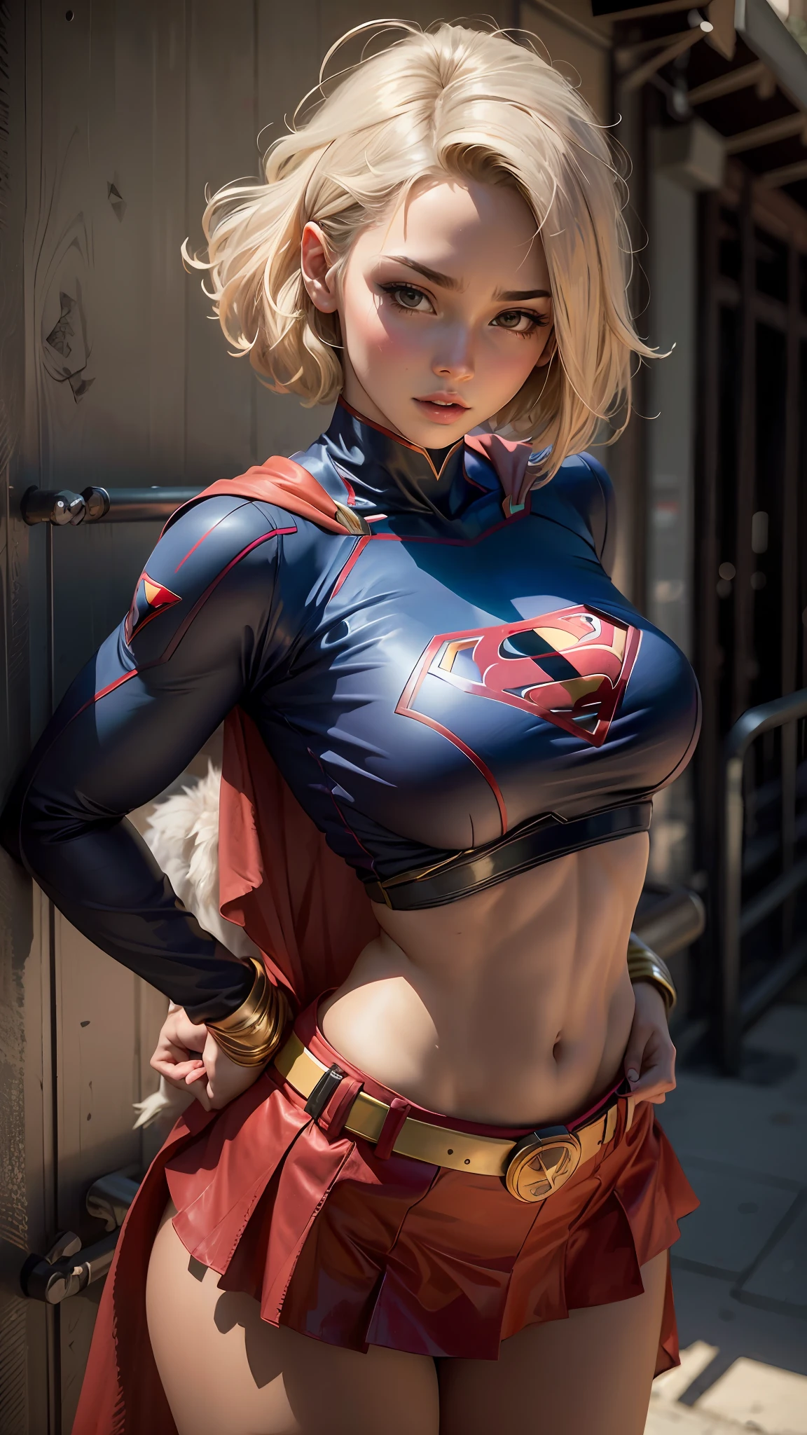 Beautiful woman short hair defined body big breasts, wearing Supergirl cosplay