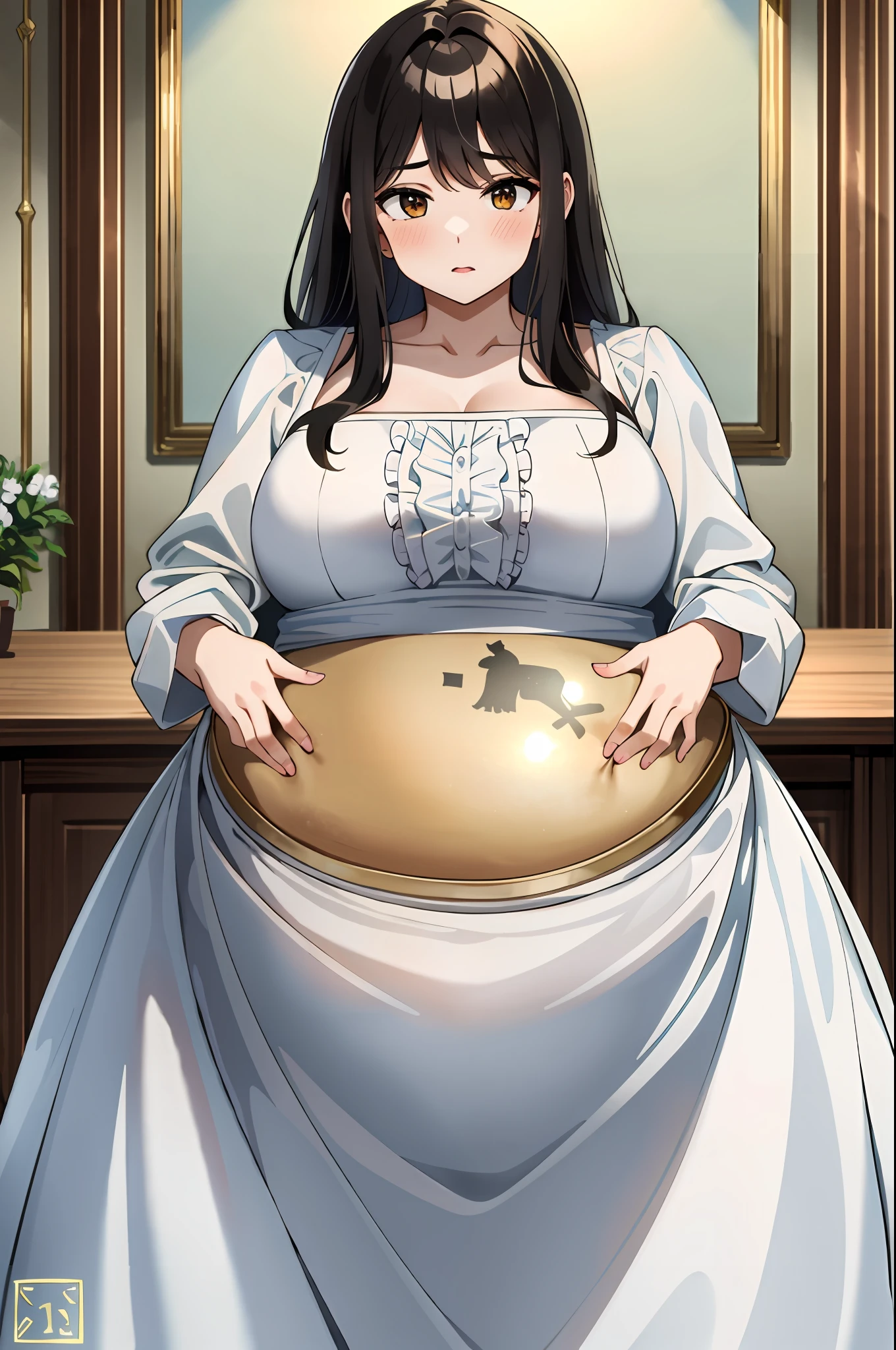 (Masterpiece, Best Quality, Ultra High Quality, Perfect Anatomy, Fine Details, Intricate Details, Impeccable Attention to Detail, Superb Execution, Beauty, Exceptional Quality, Perfect Craftsmanship, Expressive Art: 1.3), (, Fullness: 1.45), 1girl, nsfw, Brunette hair, Long hair, Bangs, Wide waist, Wide body,