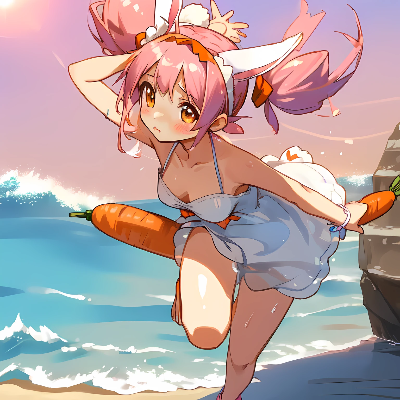 (Highly detailed CG Unity 8k wallpaper), (Best Quality), (Super Detail), (Best Illustration), (Best Shadow), POV, Realistic lighting and shading, Natural light, Lens flare effect,
BREAK, 1 beautiful girl, Solo,(Cute:1.5),(Chibi:0.8), (kawaii:1.5),(Lori:0.5),
((girl, Cute, Graceful, face)) ,(medium breasts),(Orange Eyes:1.2),(A pink-haired,short twintails,tareme:1.2), gleaming skin,Stuffed rabbit,
BREAK,(Rabbit ear headband:1.5),(Wet Casual Beachwear:1.2), (Lightweight summer dress with torn breasts,Illustrated carrots:1.2), (Light blue eyeshadow:1.0), (Beautiful barefoot like a goddess:1.0), (Earrings in the shape of a moon:1.1), (Lace headband:1.0), (Cute Accessories:1.3), ((´◒`):1.1), (Sprint:1.3), (Tsunami-ravaged beach in the background:1.3),
BREAK,🌇,