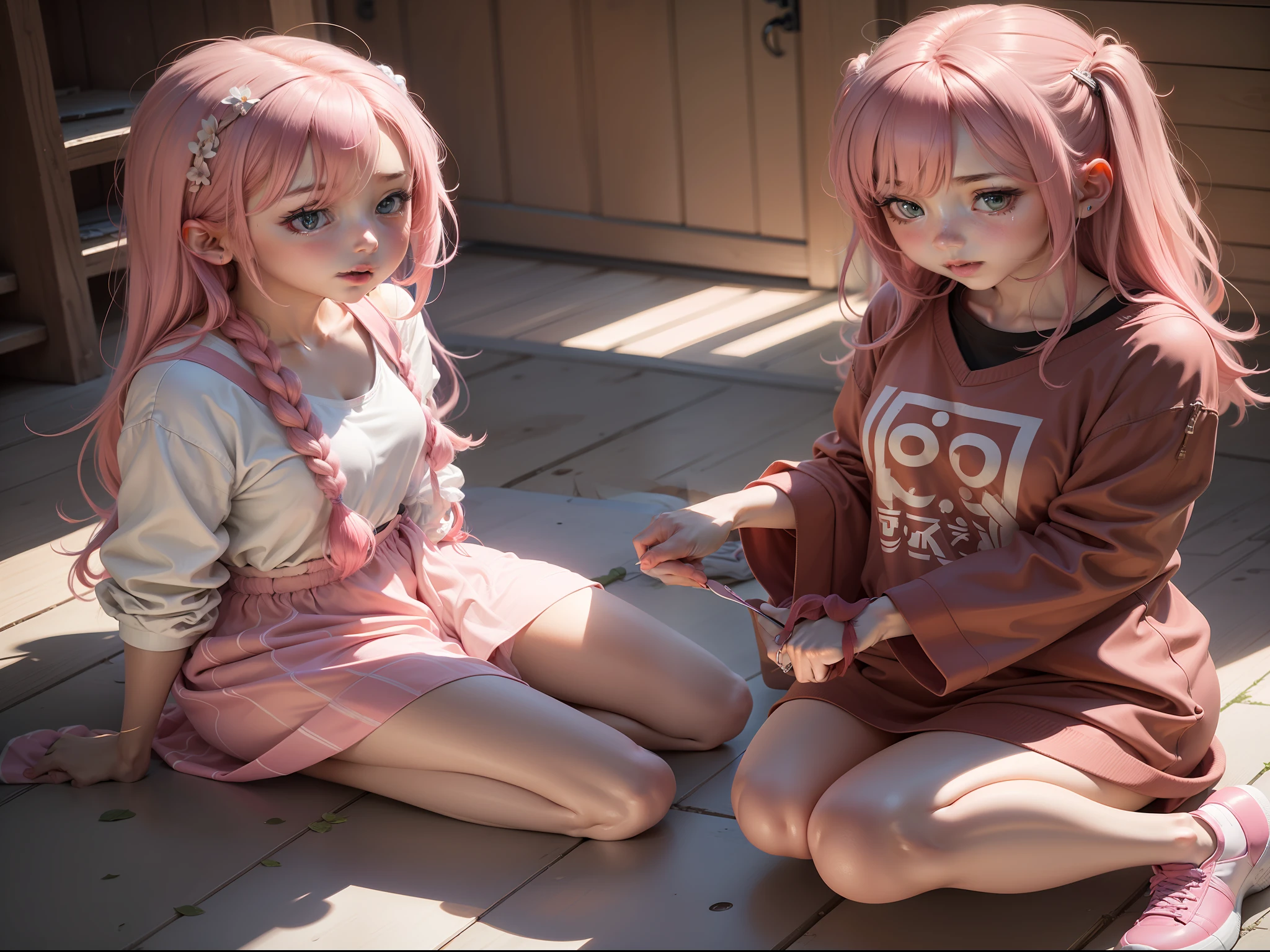 nakeness，A pink-haired，Kneeling，Kizi，Playful，Nude，No clothes on，No pants on