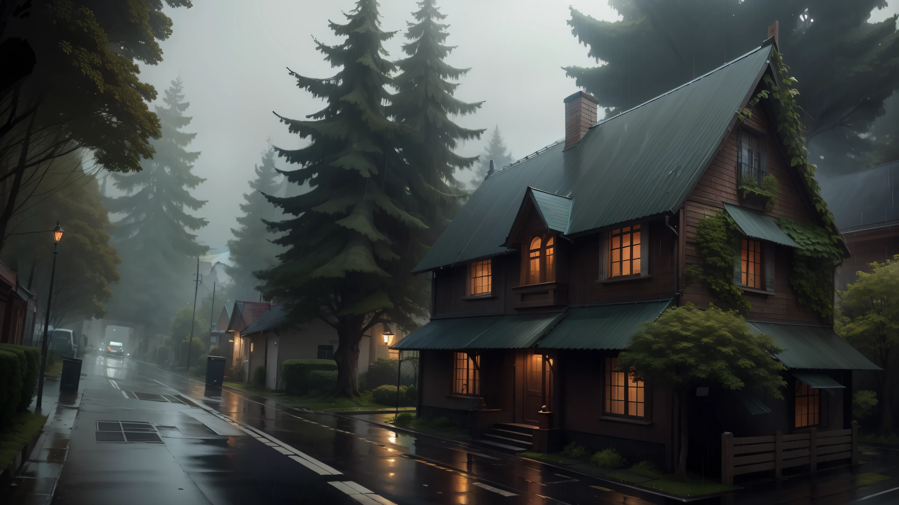 rainy day (no cars or people on street) just a house hidden on trees