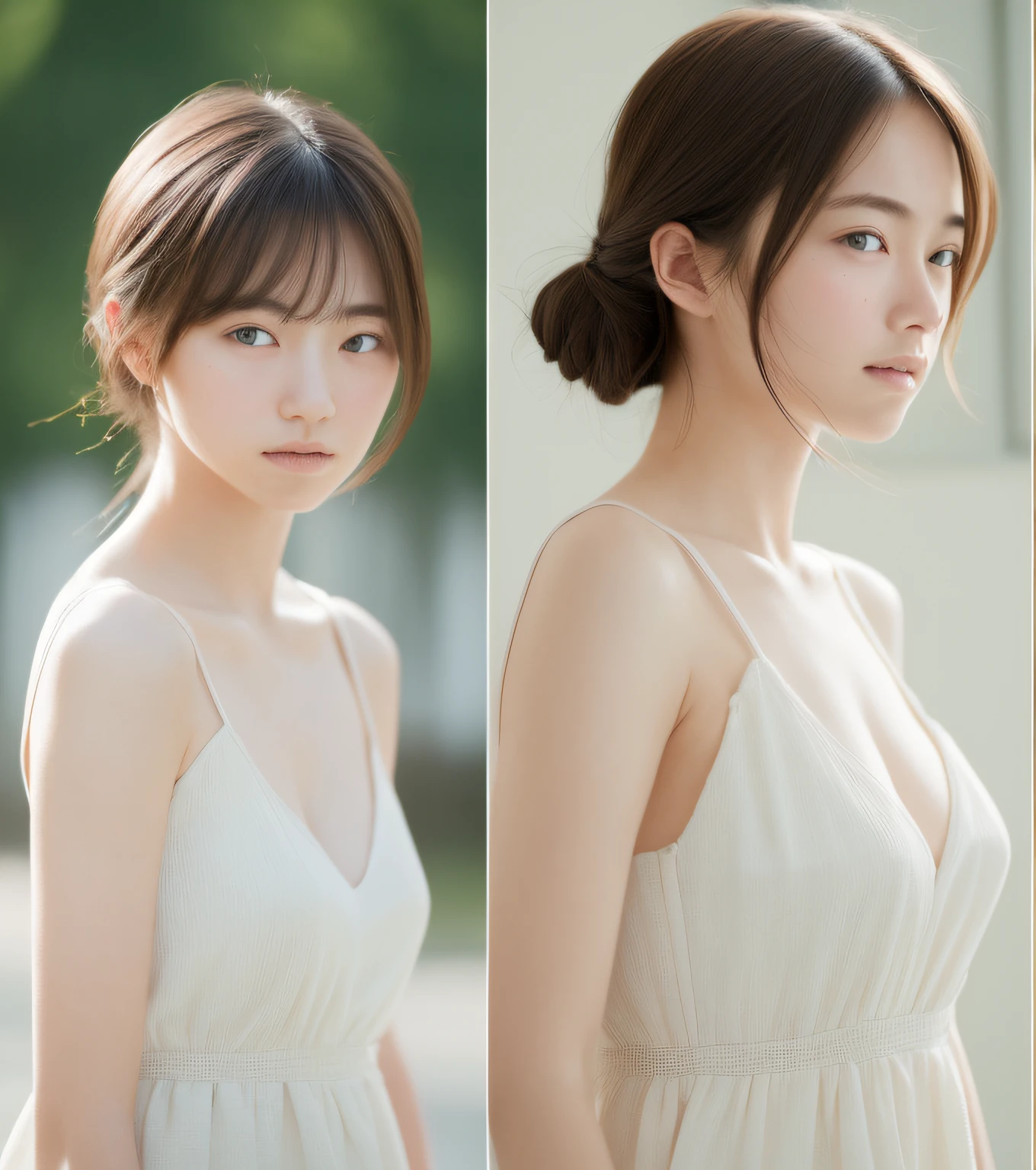 (top-quality:1.5)、(masterpiece:1.5)、(hight resolution:1.5)、(RAW Photos:1.5)、reallistic、Photorealsitic、High Details、film grains、Detail Skin、natural soft light、bilaterally symmetrical、8K、extremely delicate and beautiful illustration、
1girl in、Random Hairstyles、Slim Leg、delicate and pretty、face perfect、beautidful eyes、fair white skin、Real human skin、pores、(Japan student:1.2)、a baby face、from waist up、Camisole dress、large full breasts、