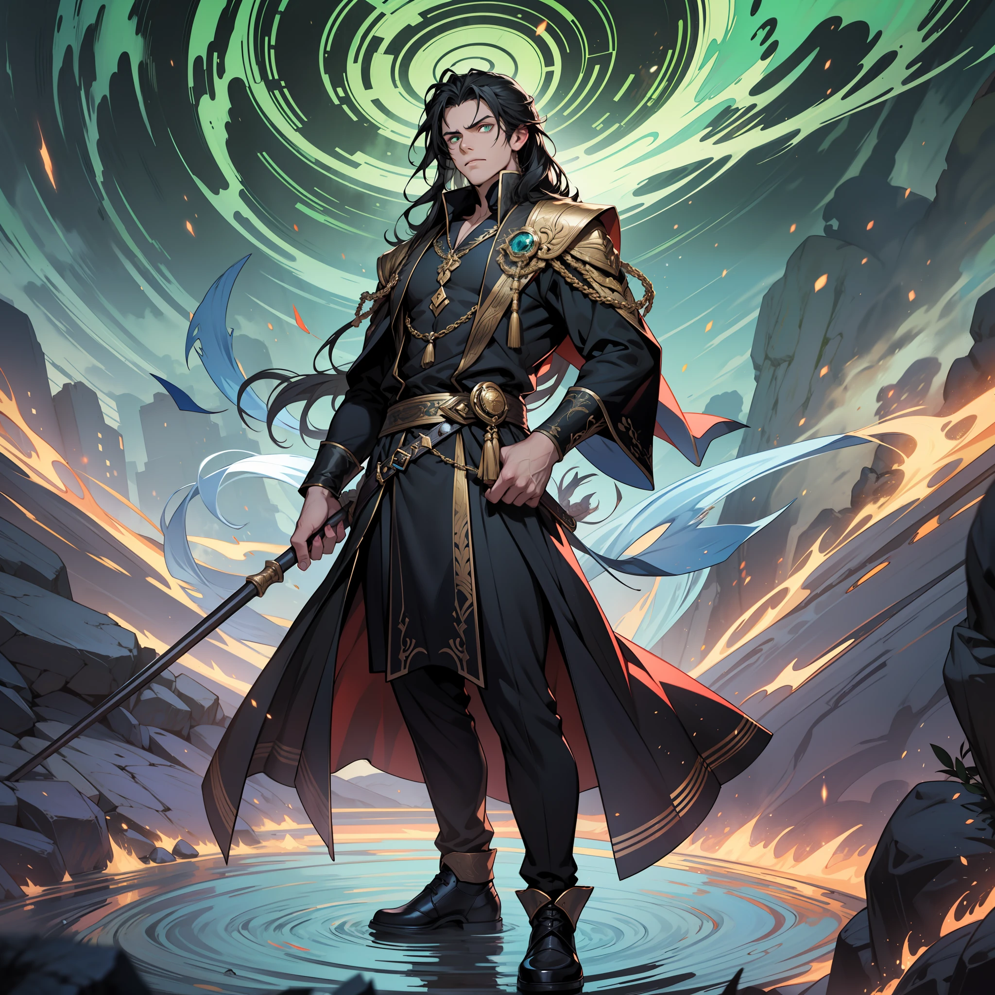 William cuts an impressive figure, towering over most people despite his apparent youth. His wavy black hair falls nearly to his shoulders, framing an olive-skinned face adorned with bright emerald eyes. A flowing robe of the darkest black drapes over his body, creating a sweeping effect as he moves. However, the most striking feature of William's appearance is the faint aura of envy that surrounds him, seeping out of his very essence.