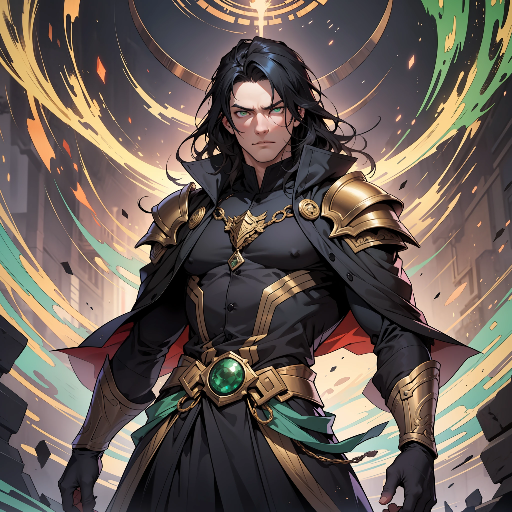 William cuts an impressive figure, towering over most people despite his apparent youth. His wavy black hair falls nearly to his shoulders, framing an olive-skinned face adorned with bright emerald eyes. A flowing robe of the darkest black drapes over his body, creating a sweeping effect as he moves. However, the most striking feature of William's appearance is the faint aura of envy that surrounds him, seeping out of his very essence.