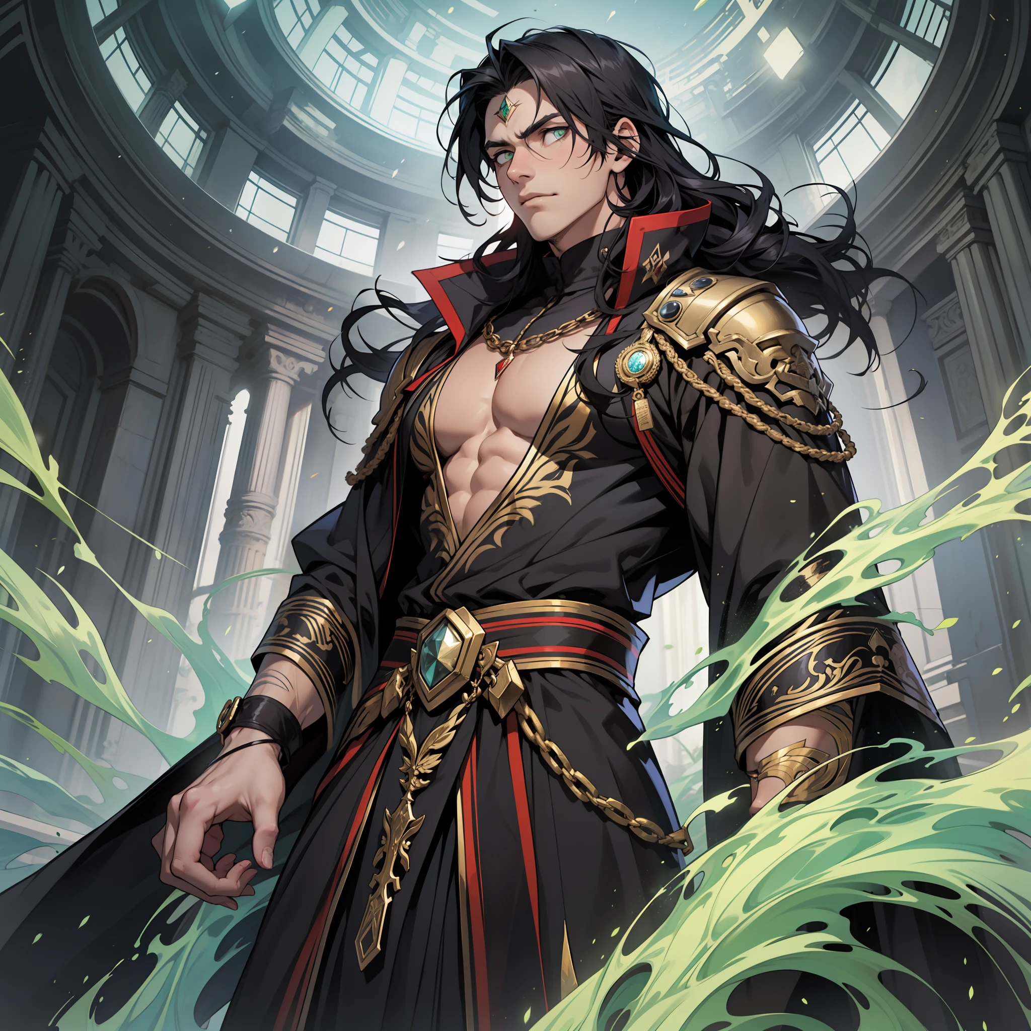 William cuts an impressive figure, towering over most people despite his apparent youth. His wavy black hair falls nearly to his shoulders, framing an olive-skinned face adorned with bright emerald eyes. A flowing robe of the darkest black drapes over his body, creating a sweeping effect as he moves. However, the most striking feature of William's appearance is the faint aura of envy that surrounds him, seeping out of his very essence.