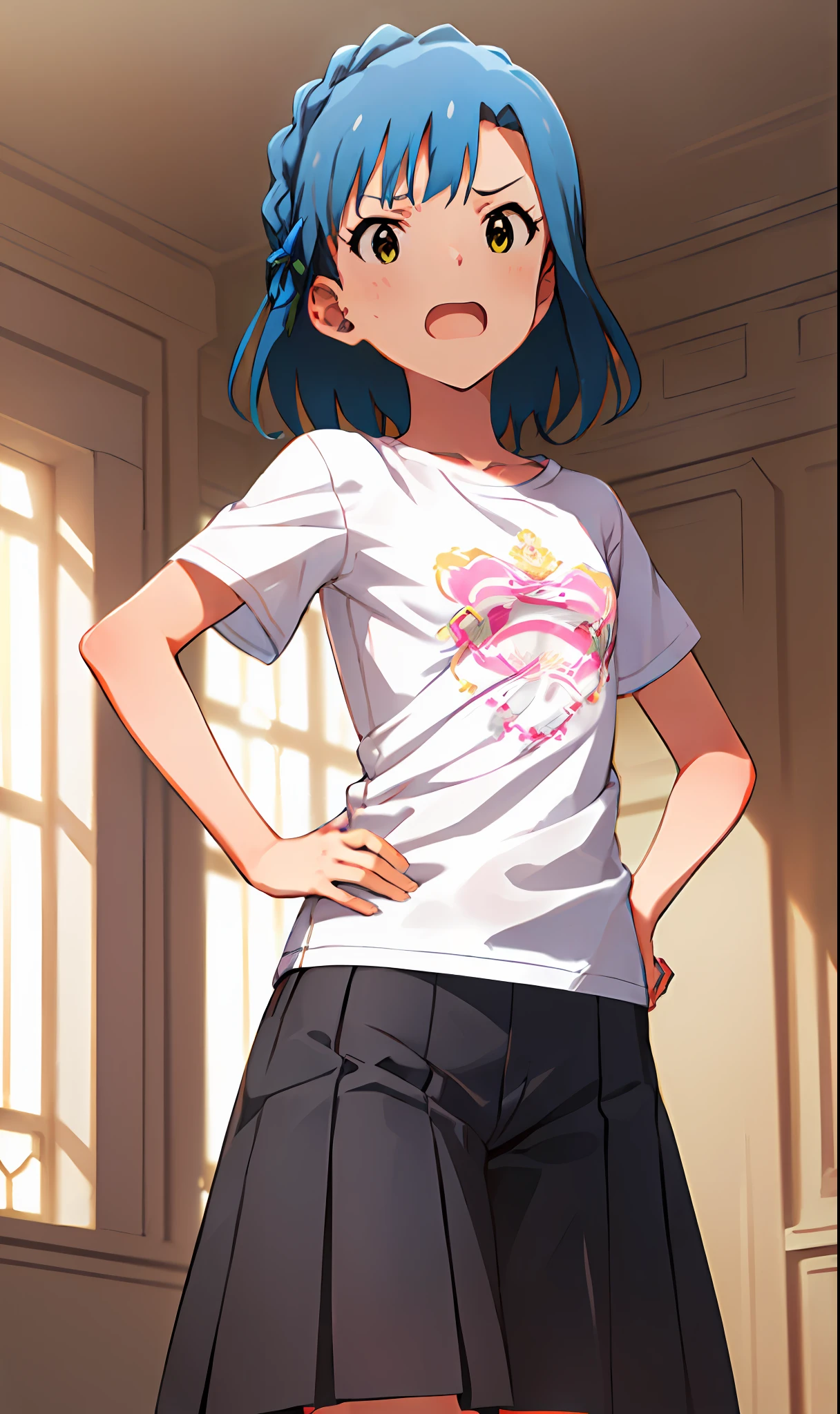 yuriko nanao (million live). Short stature. (((white t-shirts))).(((Skirt))).(((masterpiece))).(((best quality))).((Ultra-detailed))).(((illustratio))). (((put hands on the hip))).(((a room))).(((make a fist))).(((up chest))).Despair face.((short-hair)).((Medium chest)).((Opening Mouth)).