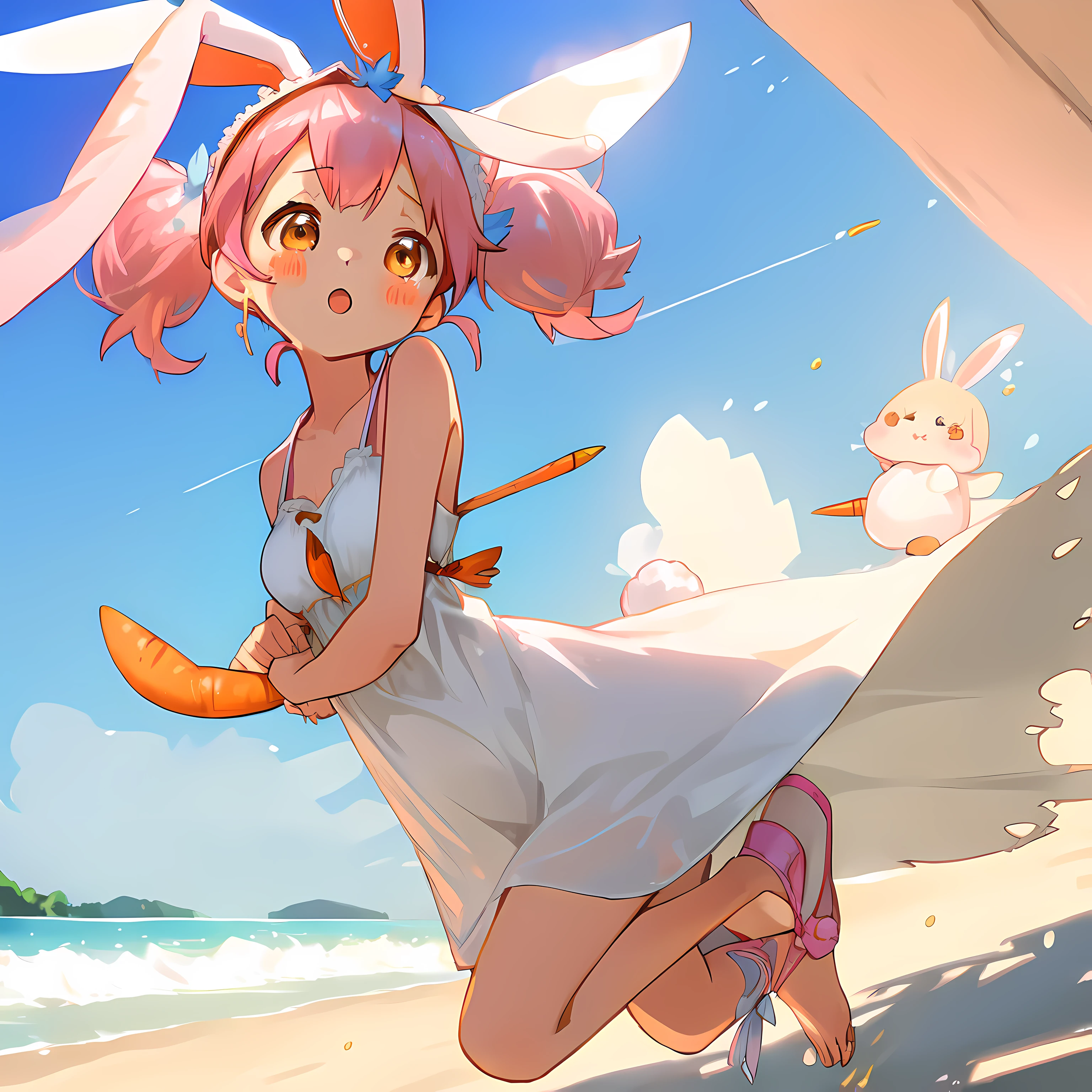 (Highly detailed CG Unity 8k wallpaper), (Best Quality), (Super Detail), (Best Illustration), (Best Shadow), POV, Realistic lighting and shading, Natural light, Lens flare effect,
BREAK, 1 beautiful girl, Solo,(Cute:1.5),(Chibi:0.8), (kawaii:1.5),(Lori:0.5),
((girl, Cute, Graceful, Loli face)) ,(medium breasts),(Orange Eyes:1.2),(A pink-haired,short twintails,tareme:1.2), gleaming skin,Stuffed rabbit,
BREAK,(Rabbit ear headband:1.5),(Wet Casual Beachwear:1.2), (Lightweight summer dress with torn breasts,Illustrated carrots:1.2), (Light blue eyeshadow:1.0), (Beautiful barefoot like a goddess:1.0), (Earrings in the shape of a moon:1.1), (Lace headband:1.0), (Cute Accessories:1.3), ((*´◒`*):1.1), (Sprint:1.3), (Tsunami-ravaged beach in the background:1.3),
BREAK,🌇,