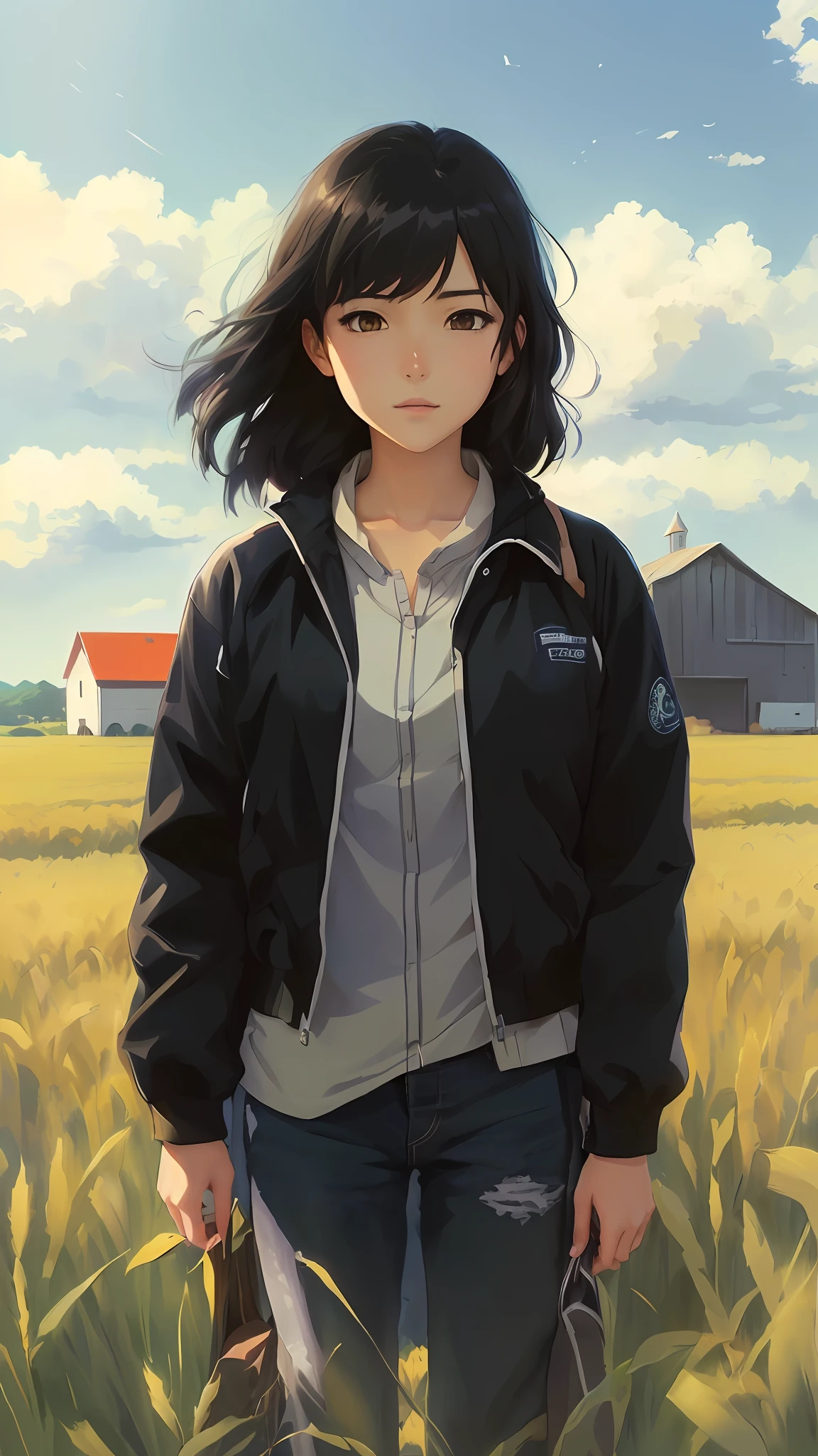 Anime girl standing in a wheat field with a barn in the background, Estilo estudio ghibli, Studio Ghibli Art Style.