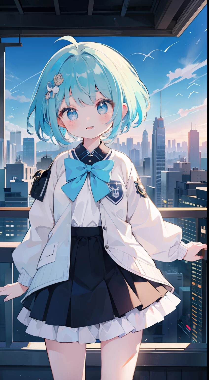 One girl、Double knot、Twin-tailed、​masterpiece、Top image quality、top-quality、cute little、校服、blazers、White cityscape、Fashionable、a smile、lightblue hair、light blue  eyes、