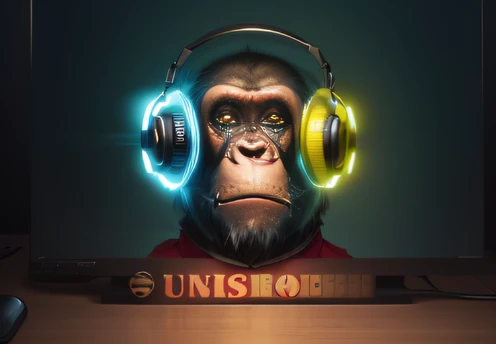 um close up de um macaco usando fones de ouvido com microfone, Assunto= chimp, Atmoshopere escuro, philosopher, among us imposter, unsharp mask, inspirado em Simon Ushakov, chimp, Sussy Impostor, marmoset, cantor, sagui render, SciFi Junkshop, desktop, Impostor, micropohone