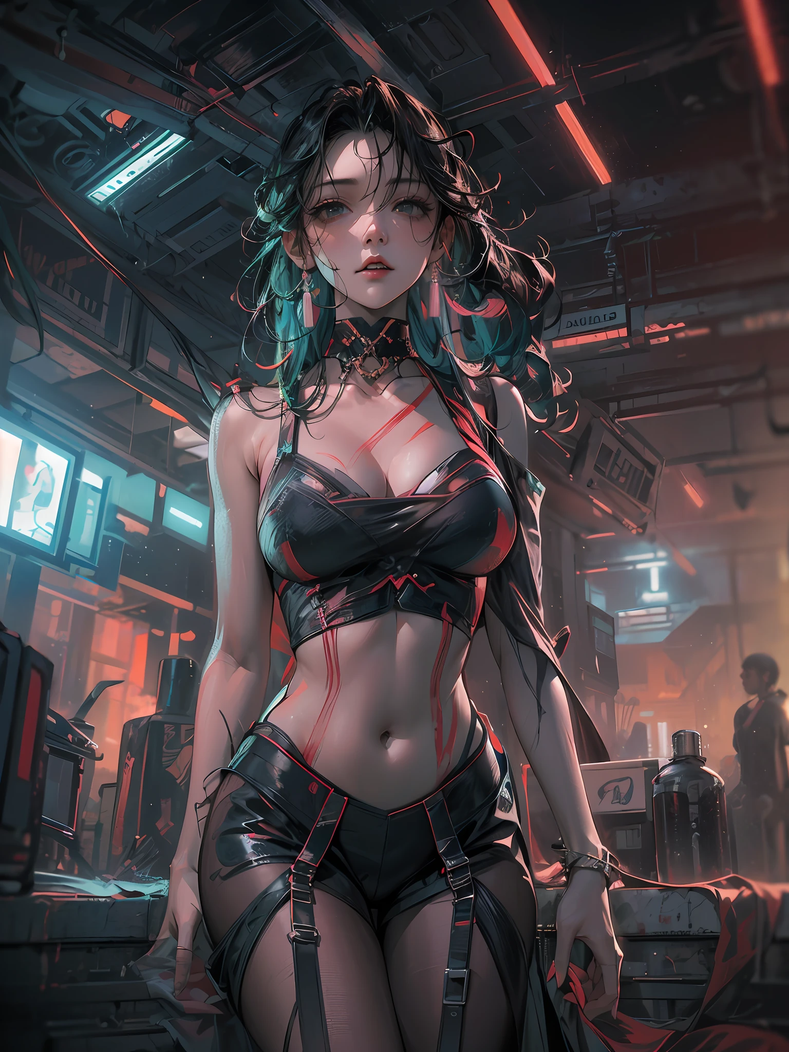 Masterpiece,Best quality, A still from a dark fantasy movie from the 90s,(pastel colour, dim colors, soothing tones:1.5),blend, Medium shot, Bokeh, (hdr:1.4), Masterpiece,conceito, 4K, HD, Cute girl in lingerie, Oriental dancer dress, Bare belly, black colored leggings, (Cinematic, Red and black :0.85), dramatic pose, skinny pants, Sitting, Cyberpunk,