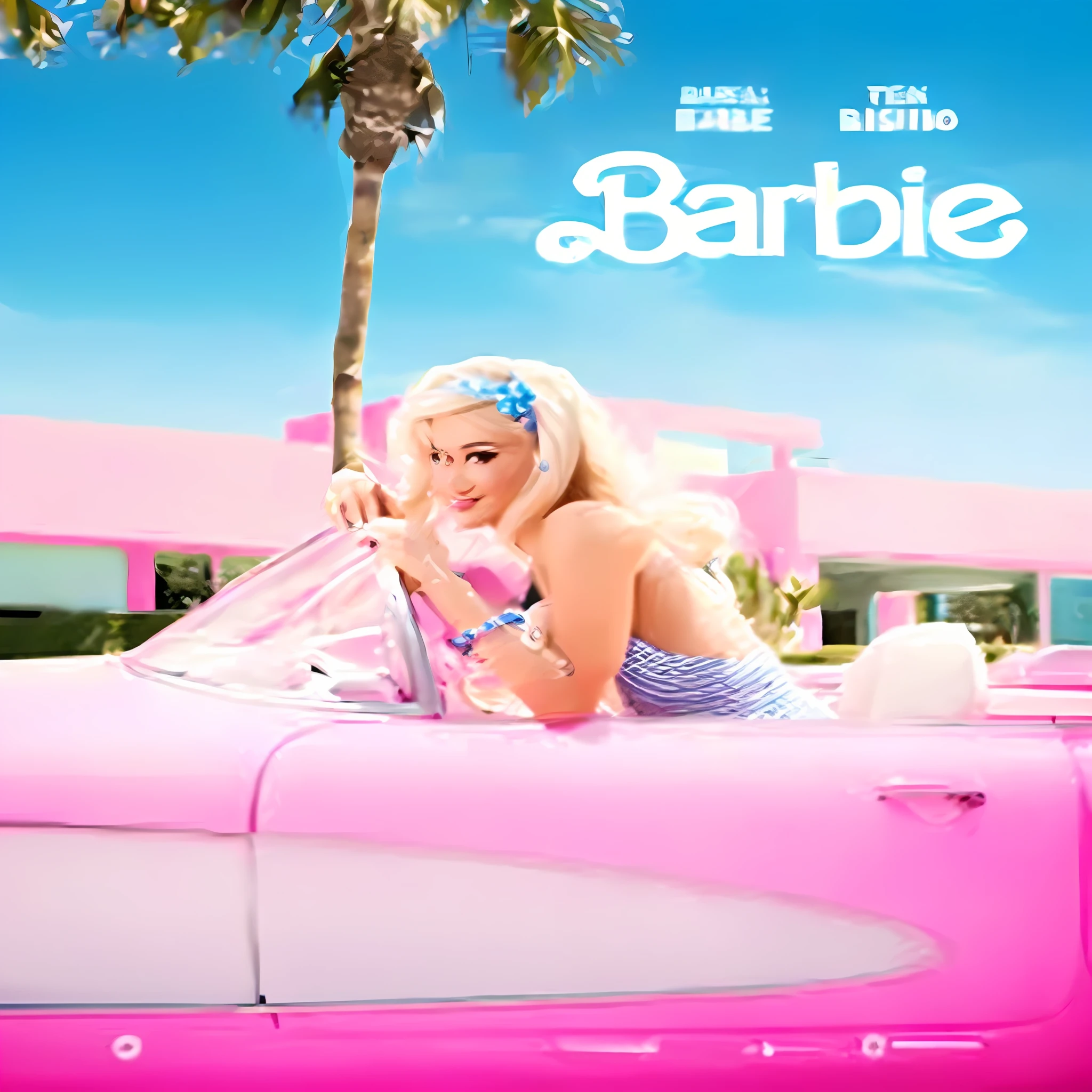 Imagem de uma mulher em um carro rosa com uma palmeira ao fundo, Barbie, boneca Barbie, plastic barbie doll, Barbie ou boneca Ken, boneca Barbie anime, Retrato da boneca Barbie, videoclipe, imagem promocional do filme, Imagem promocional, pink iconic character, imagem vazada, desconhecido, arte oficial, album cape!, imagens promocionais, imagem limpa, foto de perfil