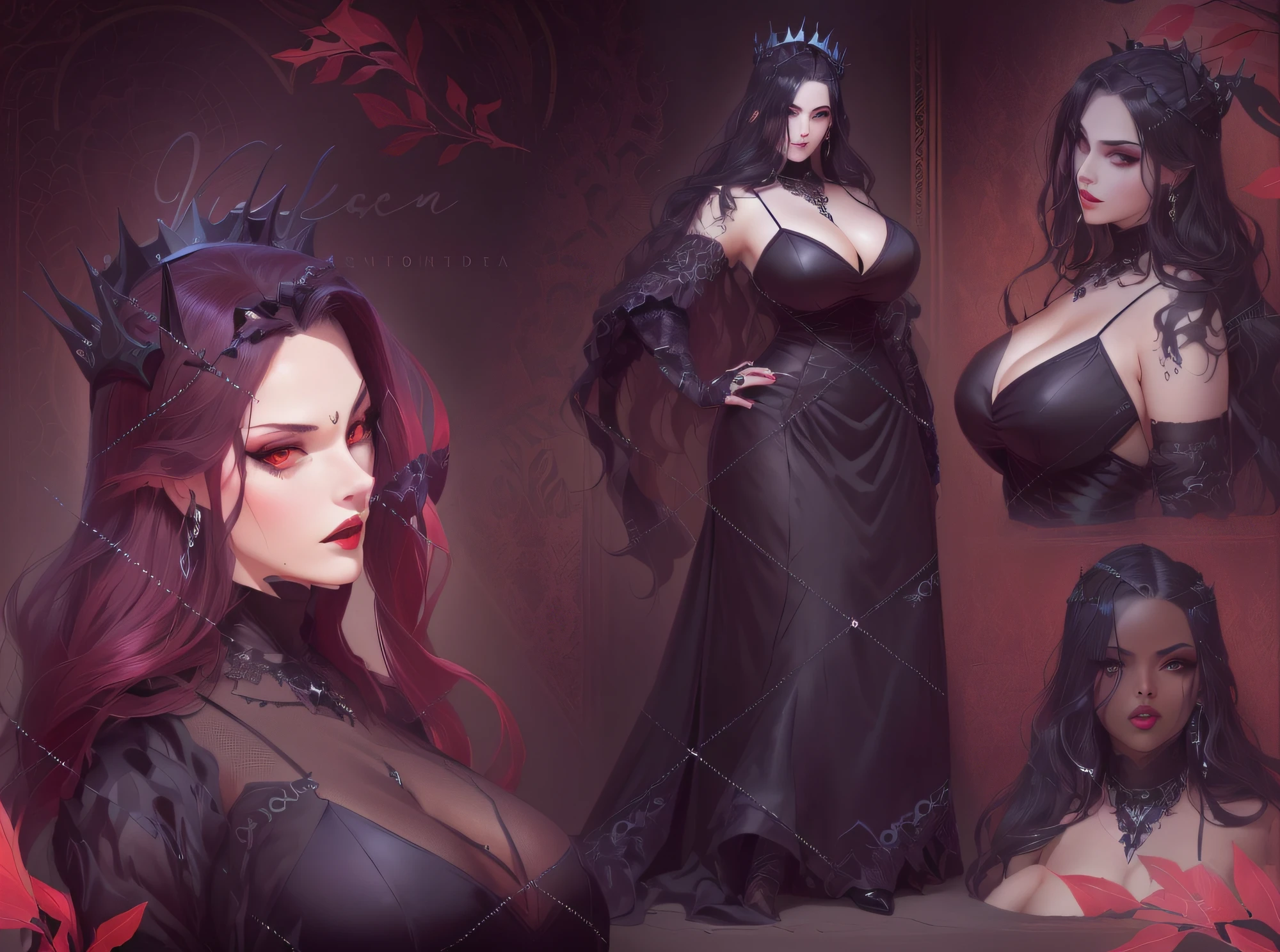 um close up de uma mulher com cabelos ruivos e uma coroa, Beautiful elegant demon queen, rainha feminina vampira bonita, personagem bruxa escura, lovely dark autumn princess, rainha vampira bonita, gothic maiden anime girl, succubus | medieval, design de personagem de alta qualidade, full body commission for, Garota Anime usando um vestido preto, design de personagens : : lo gothic, Rainha das Trevas