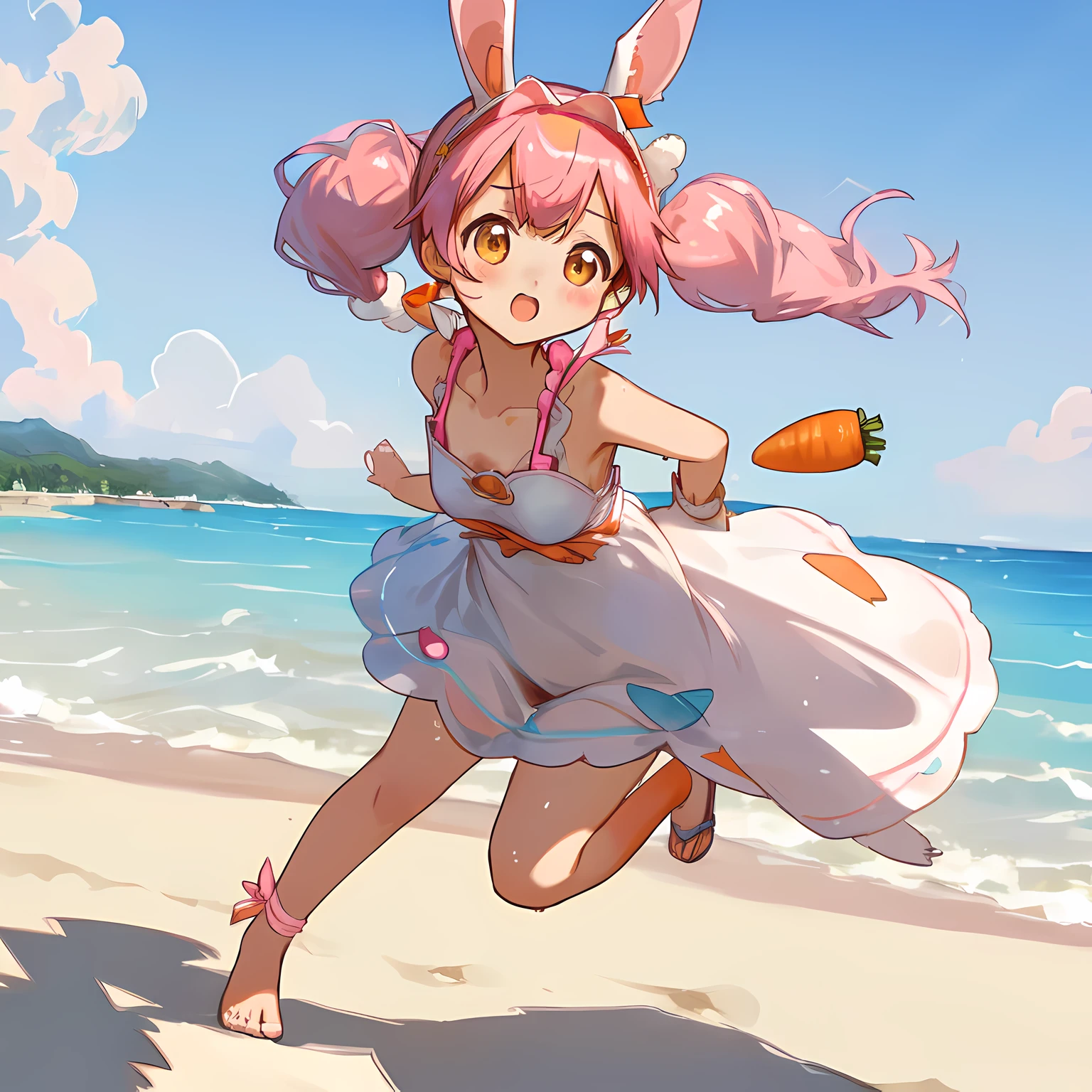 (Highly detailed CG Unity 8k wallpaper), (Best Quality), (Super Detail), (Best Illustration), (Best Shadow), POV, Realistic lighting and shading, Natural light, Lens flare effect,

 BREAK, 1 beautiful girl, Solo,(Cute:1.5),(Chibi:0.8), (kawaii:1.5),(Lori:0.5),
((girl, Cute, Graceful, Loli face)) ,(medium breasts),(Orange Eyes:1.2),(A pink-haired,short twintails,tareme:1.2), gleaming skin,Stuffed rabbit,

BREAK,(Rabbit ear headband:1.5),(Wet Casual Beachwear:1.2), (Lightweight summer dress with torn chest,Illustrated carrots:1.2), (Light Blue Eyeshadow:1.0), (Beautiful barefoot like a goddess:1.0), (Earrings in the shape of a moon:1.1), (Lace headband:1.0), (Cute Accessories:1.3), ((*´◒`*):1.1), (Sprint:1.3), (Tsunami-ravaged beach in the background:1.3), 

 BREAK,🌇,（Multiple yakuza old men wearing sunglasses are chasing:1.5)