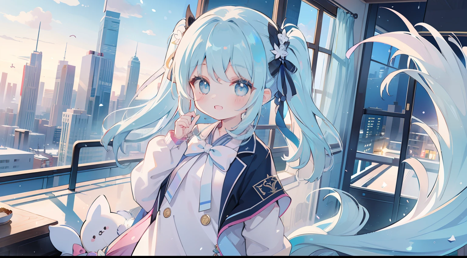 One girl、Double knot、Twin-tailed、Side tail、masterpiece、Top image quality、top-quality、cute little、校服、blazers、White cityscape、Fashionable、A smile、lightblue hair、light blue eyes、
