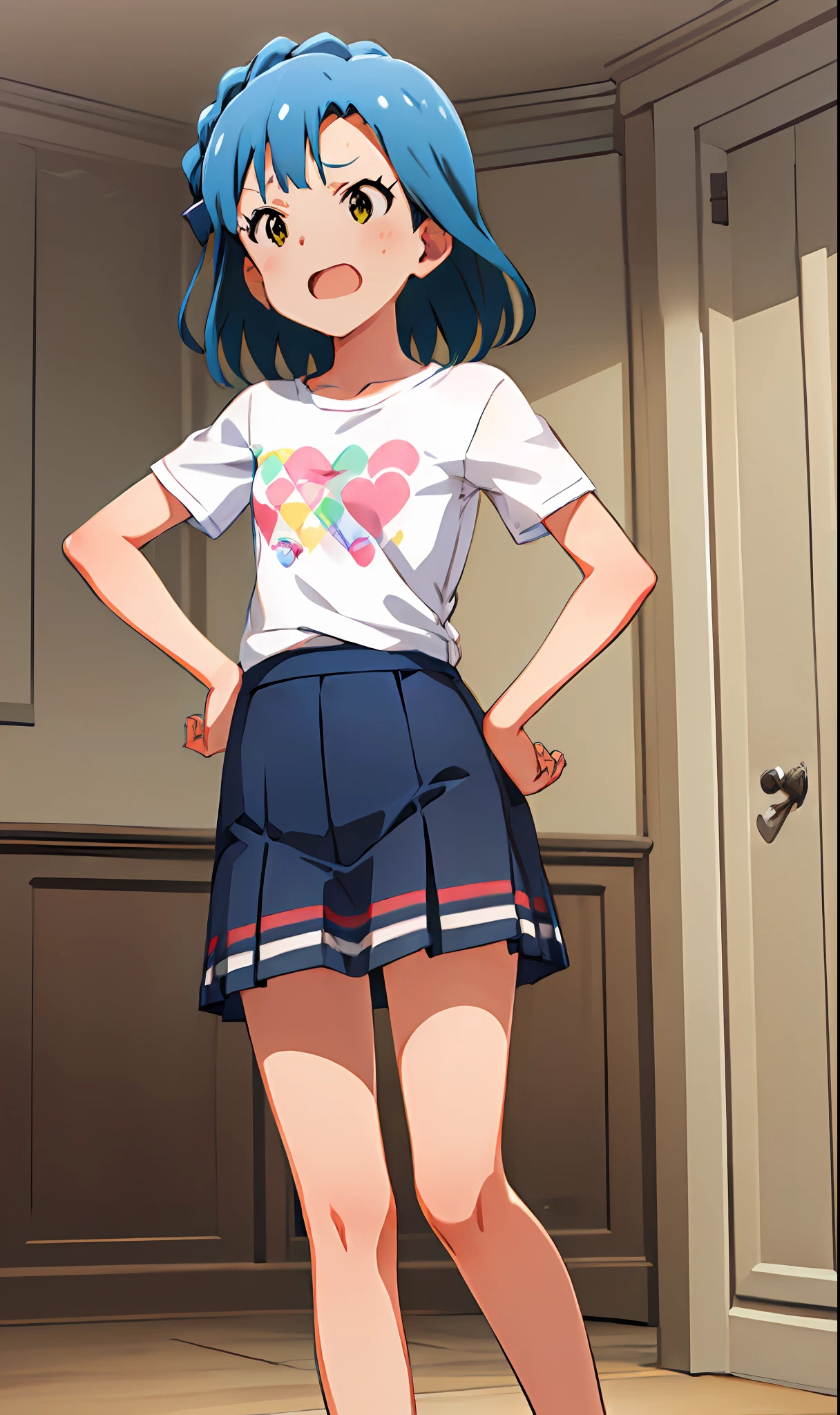 yuriko nanao (million live). Short stature. (((white t-shirts))).(((Skirt))).(((masterpiece))).(((best quality))).((Ultra-detailed))).(((illustratio))). (((put hands on the hip))).(((a room))).(((make a fist))).(((up chest))).Despair face.((short-hair)).((Medium chest)).((Opening Mouth)).