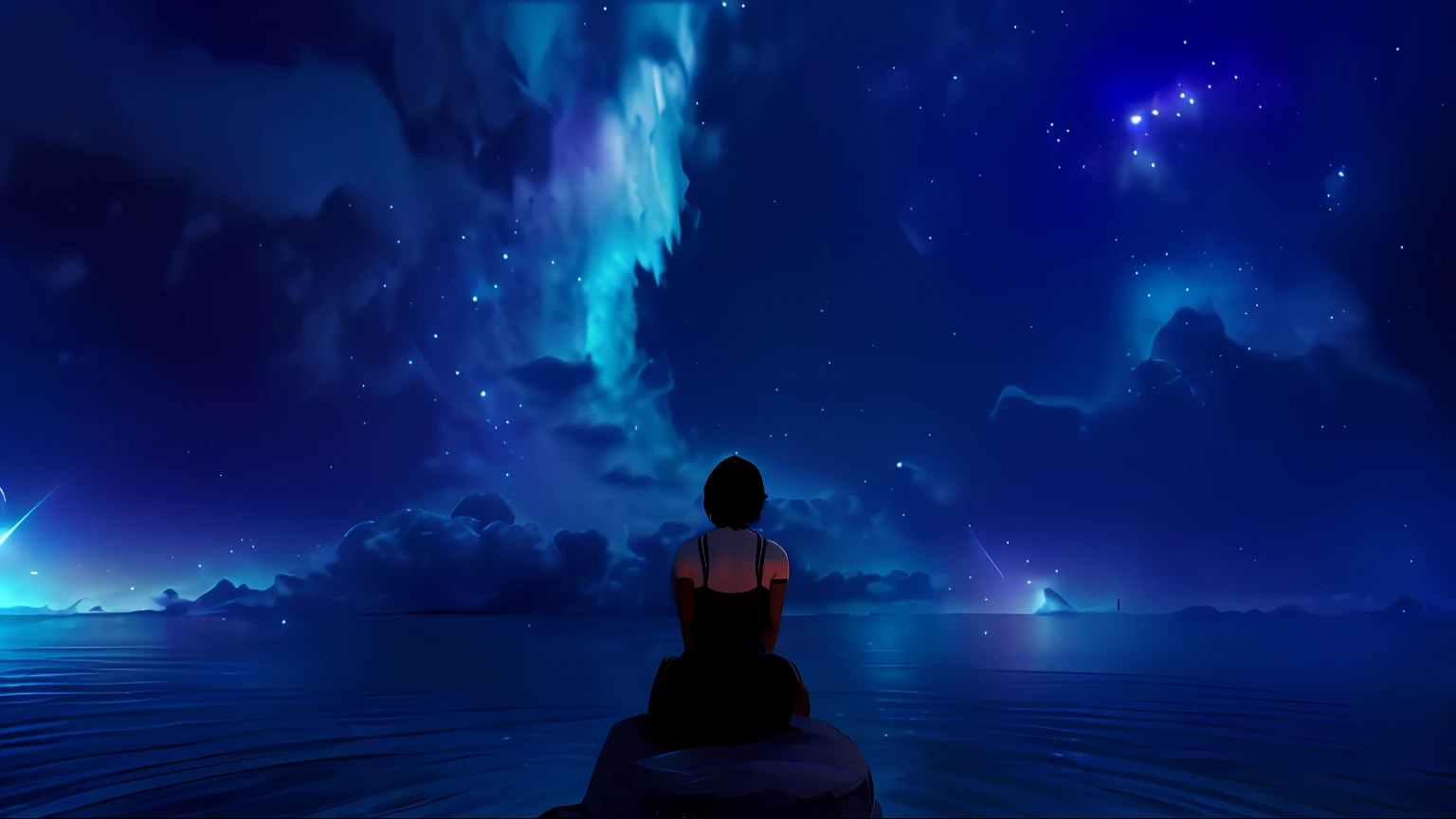Starry night sky with a woman sitting on a rock in the water, sitting on the cosmic cloudscape, Olhando para o cosmos, noite calma. digital illustation, olhando para o horizonte, tranquilidade das estrelas sem fim, girl looks at the space, looking at the sky, Olhando para as estrelas, lost in the immensity of space, observando as estrelas