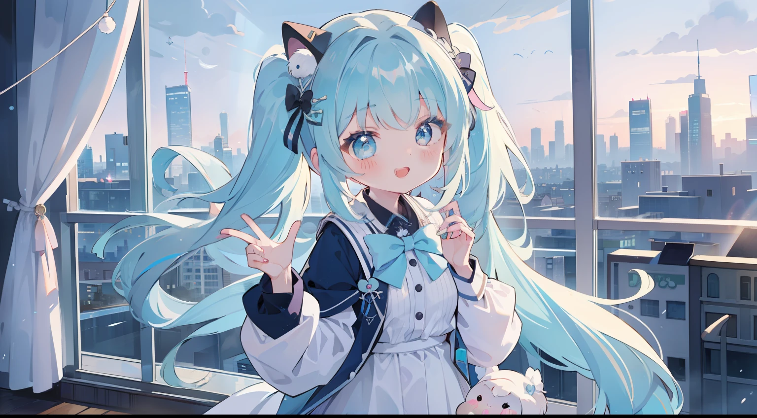 One girl、Double knot、Twin-tailed、Side tail、​masterpiece、Top image quality、top-quality、cute little、校服、blazers、White cityscape、Fashionable、A smile、lightblue hair、light blue  eyes、