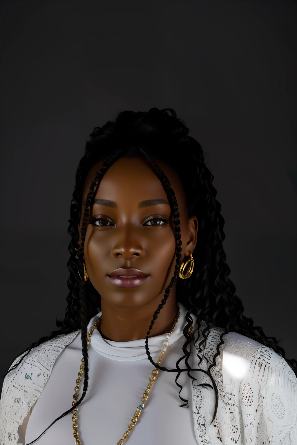 1 mulher, negra, sozinha, modelo, rosto de 34 anos, cores vividas, realista, detalhes, desfoque suave, Canon lens defoliation 50 mm 1.4, imagem 3D, imagem hd, 8K, Photo in photographic studio, realistic