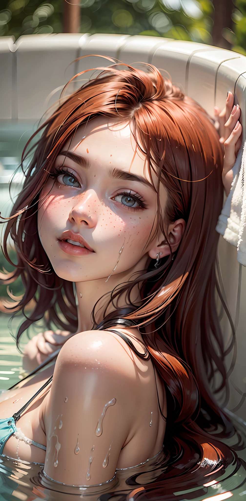 Getting a bath, liying on her back, partially sumerged, breast focus, wet skin and hair, hard breasts, redhead, red hair, freckles, long straight hair, European youth, perfect body, (detailed face:1.2), (detailed eyes:1.2), (perfect body, small ke), fashion photorealism, high definition sysie details, photography, sharpness, unique 850 4, koda850 k portrait camera, f1.6 lens, rich color, hyperrealistic texture, spectacular light texture, surreal art, Cinestil 800 fashion mechanism,