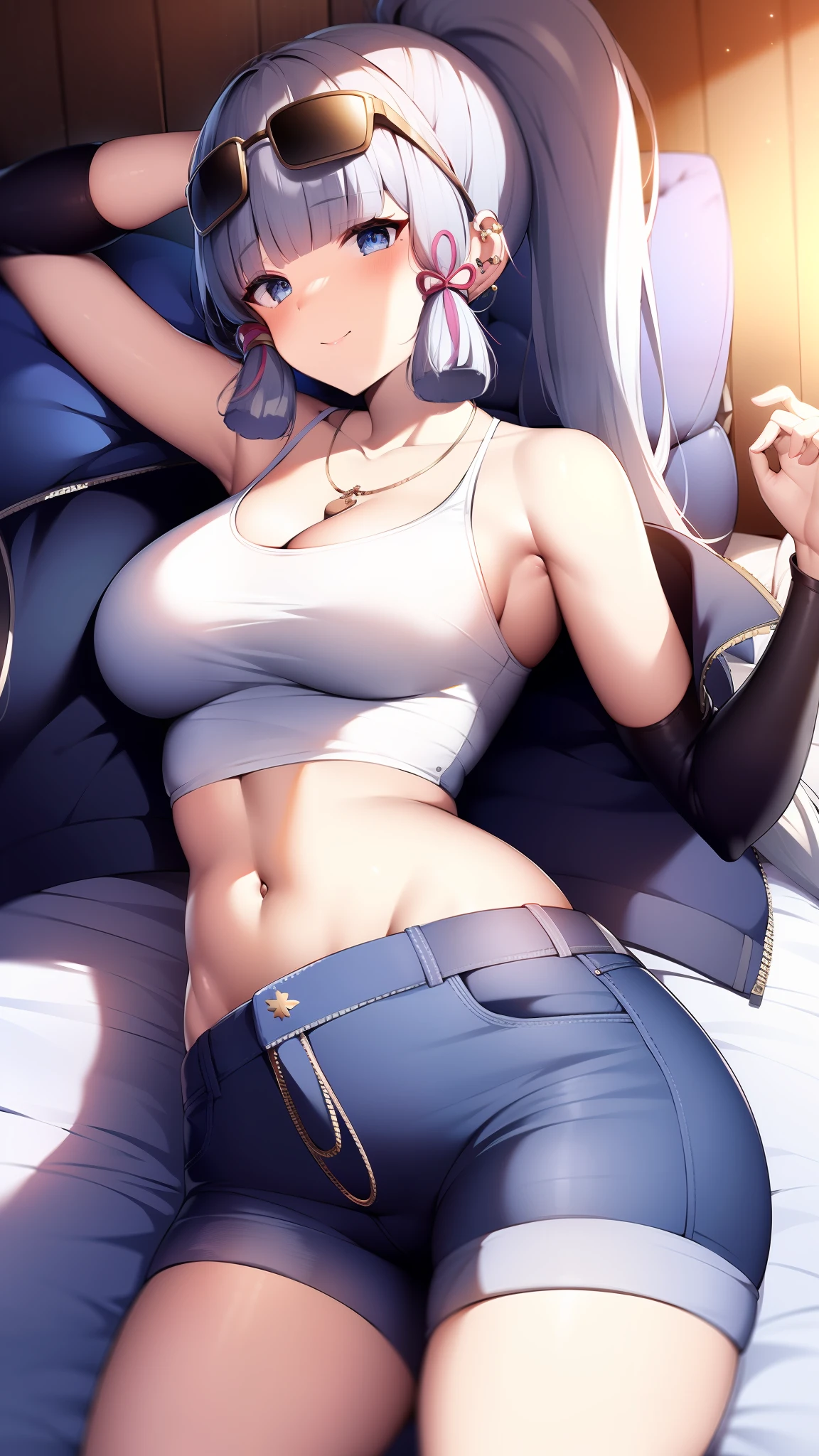 (masterpiece, best quality, ultra-detailed, illustration), genshin impact, kamisato_ayaka, 1girl, solo, hip hop hat , ponytail, blunt bangs, blue eyes, evil smile, eyebrows visible through hair, long hair, silver hair, ear piercing, looking at viewer, indoor, bed, bedroom, lying, lying on bed, medium breasts, short jeans, crop top, cool jacket, bare shoulder, stocking, hip hop, sexy pose, text on shirt, shorts, (sun glasses on head), tighhigh, dollar symbol necklace, closed pants, safe for work (sfw)